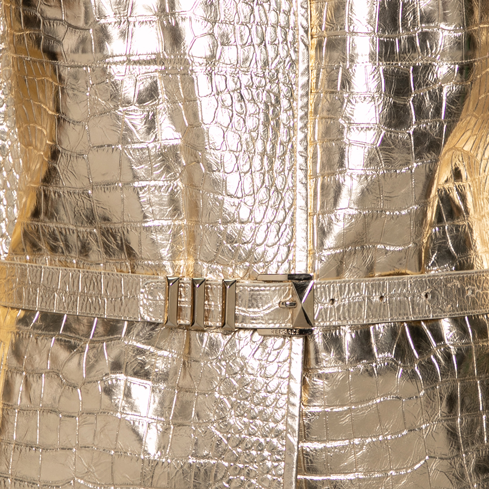 Versace Gold Crocodile Leather Cut-Out Sleeve Detailed Belted Coat M