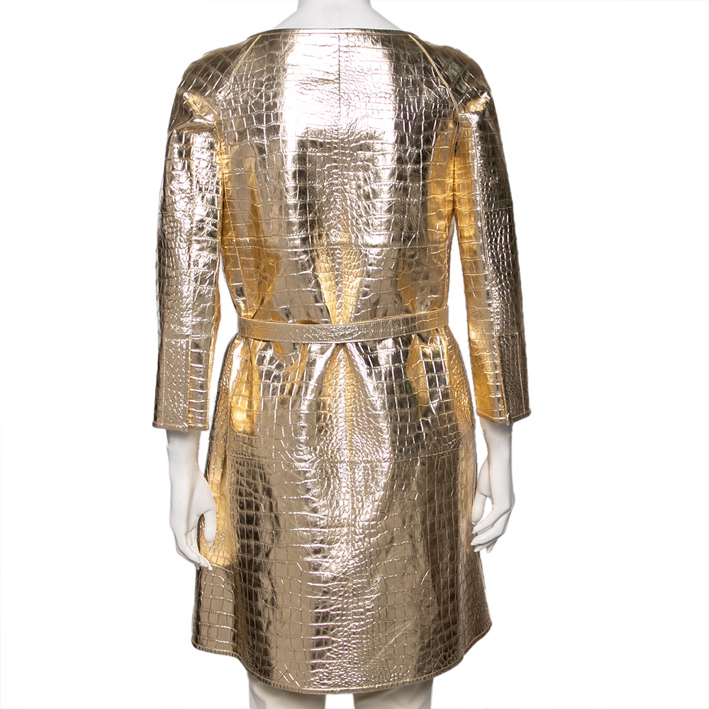 Versace Gold Crocodile Leather Cut-Out Sleeve Detailed Belted Coat M
