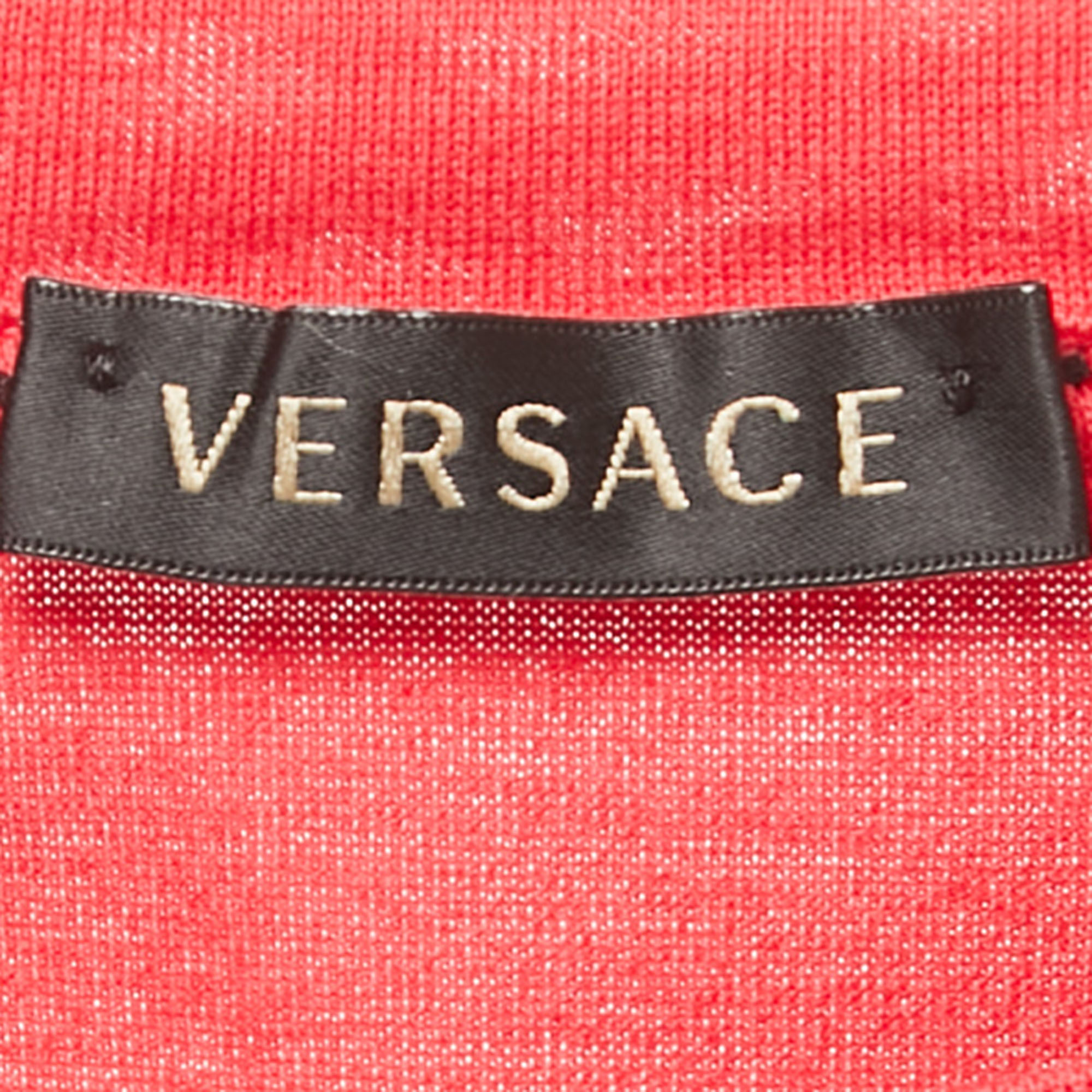 Versace Red Logo Embroidered Cotton Half Sleeve T-Shirt S
