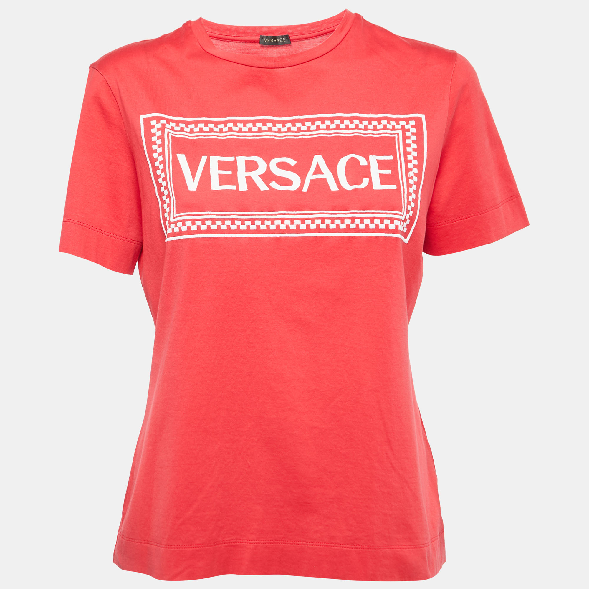 Versace Red Logo Embroidered Cotton Half Sleeve T-Shirt S