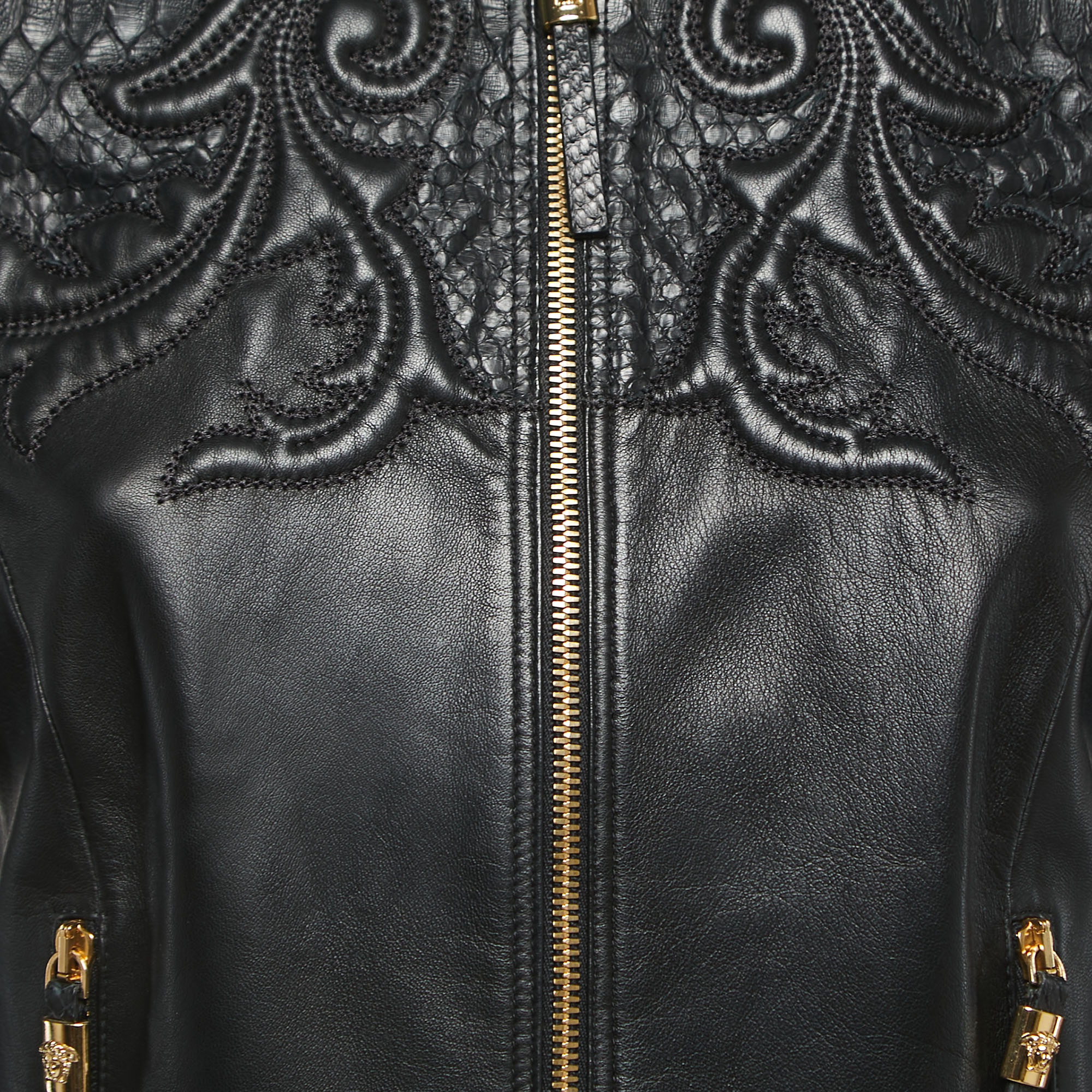 Versace Black Leather & Python Zip Front Biker Jacket S