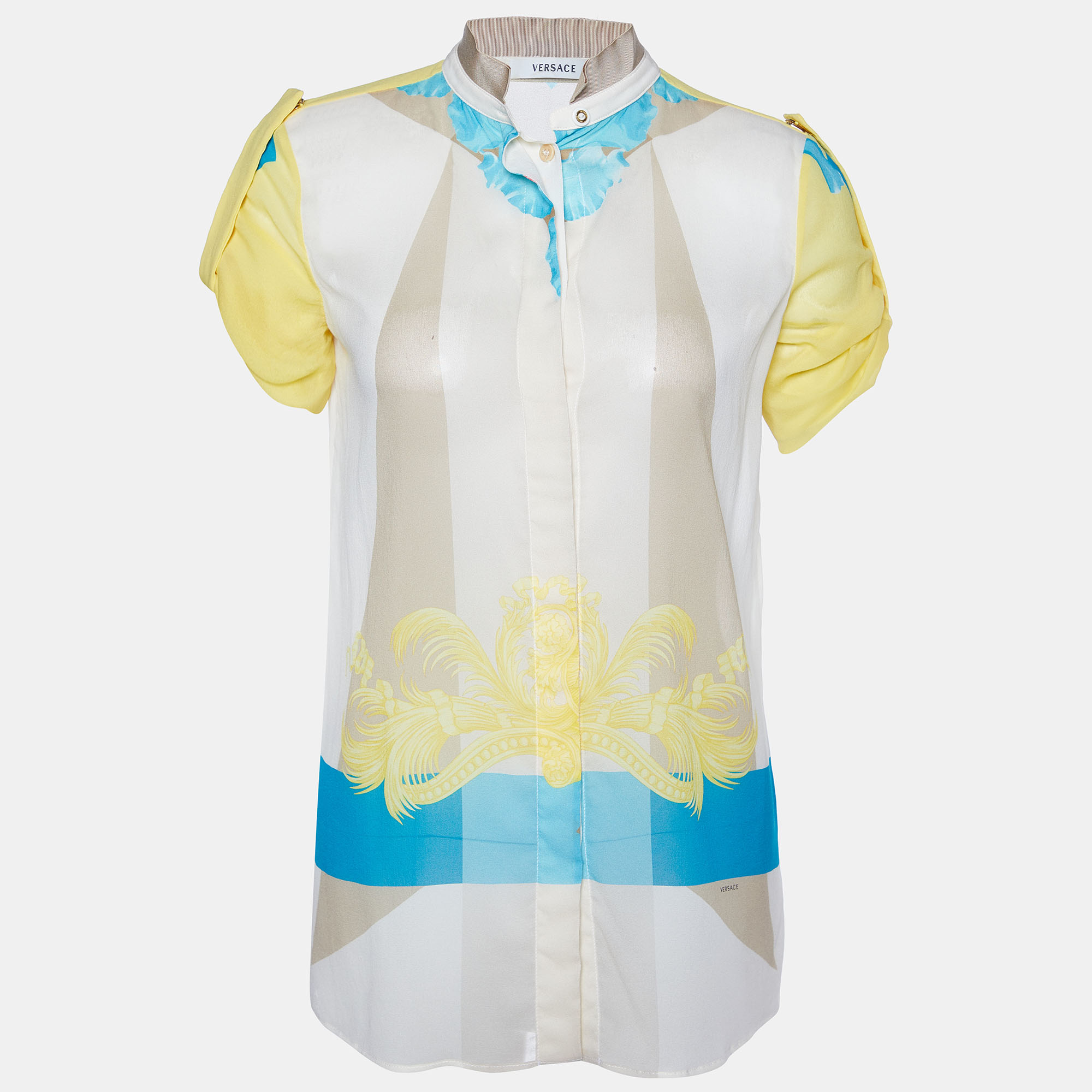 Versace multicolor print sleeve tab detail silk blouse s