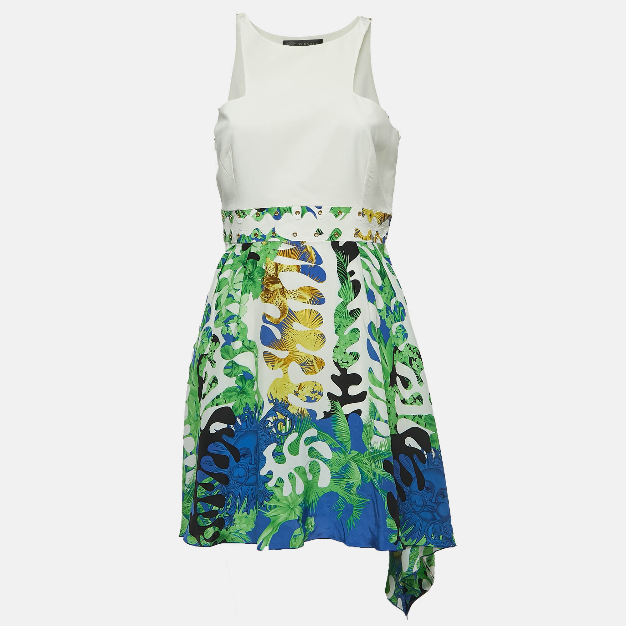 Versace multicolor print silk sleeveless asymmetrical short dress m