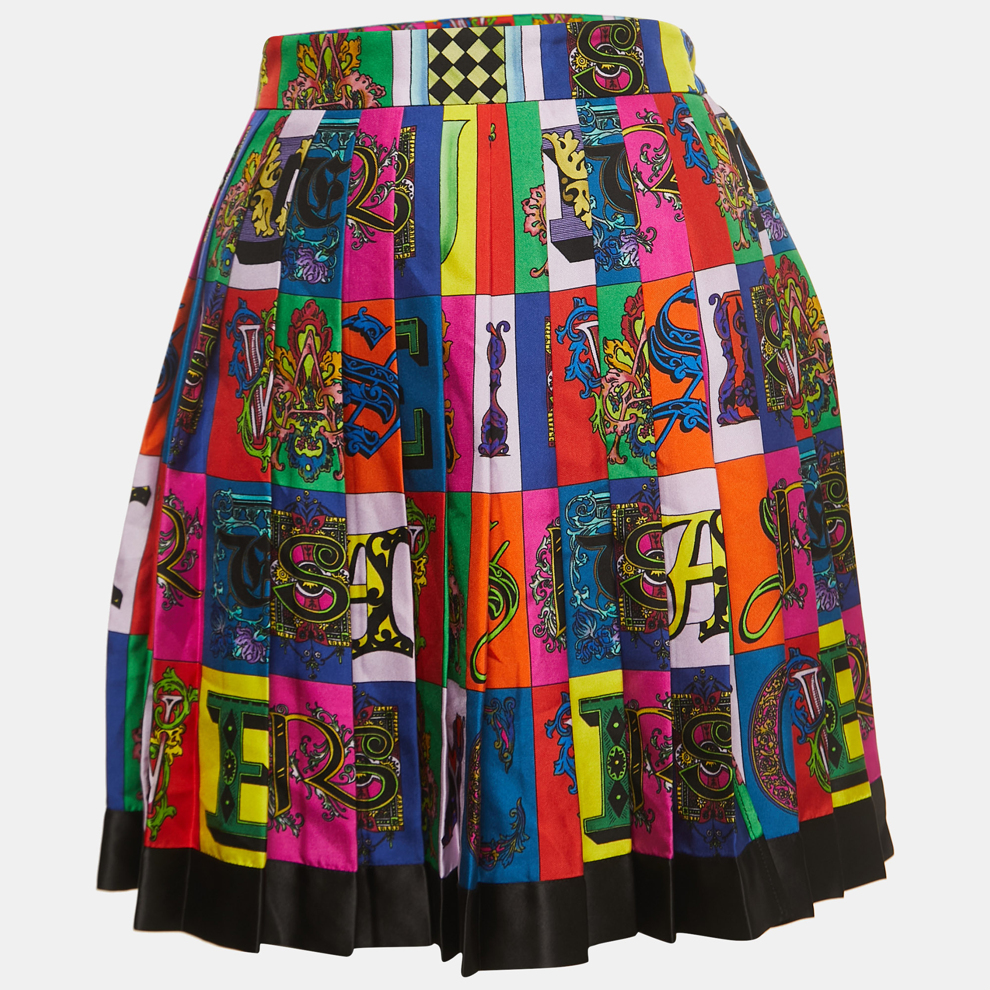 Versace Multicolor Alphabet Print Silk Pleated Mini Skirt M