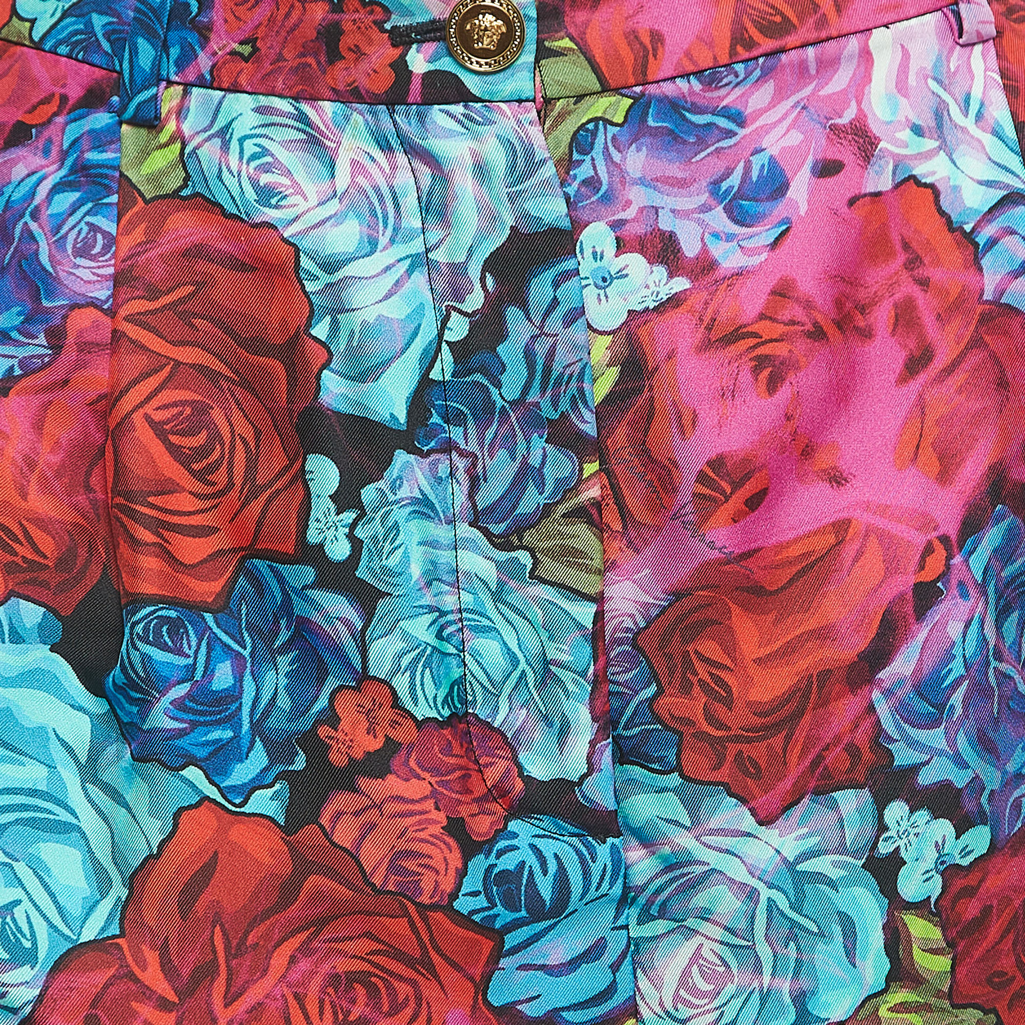 Versace Multicolor Rose Printed Silk Shorts M