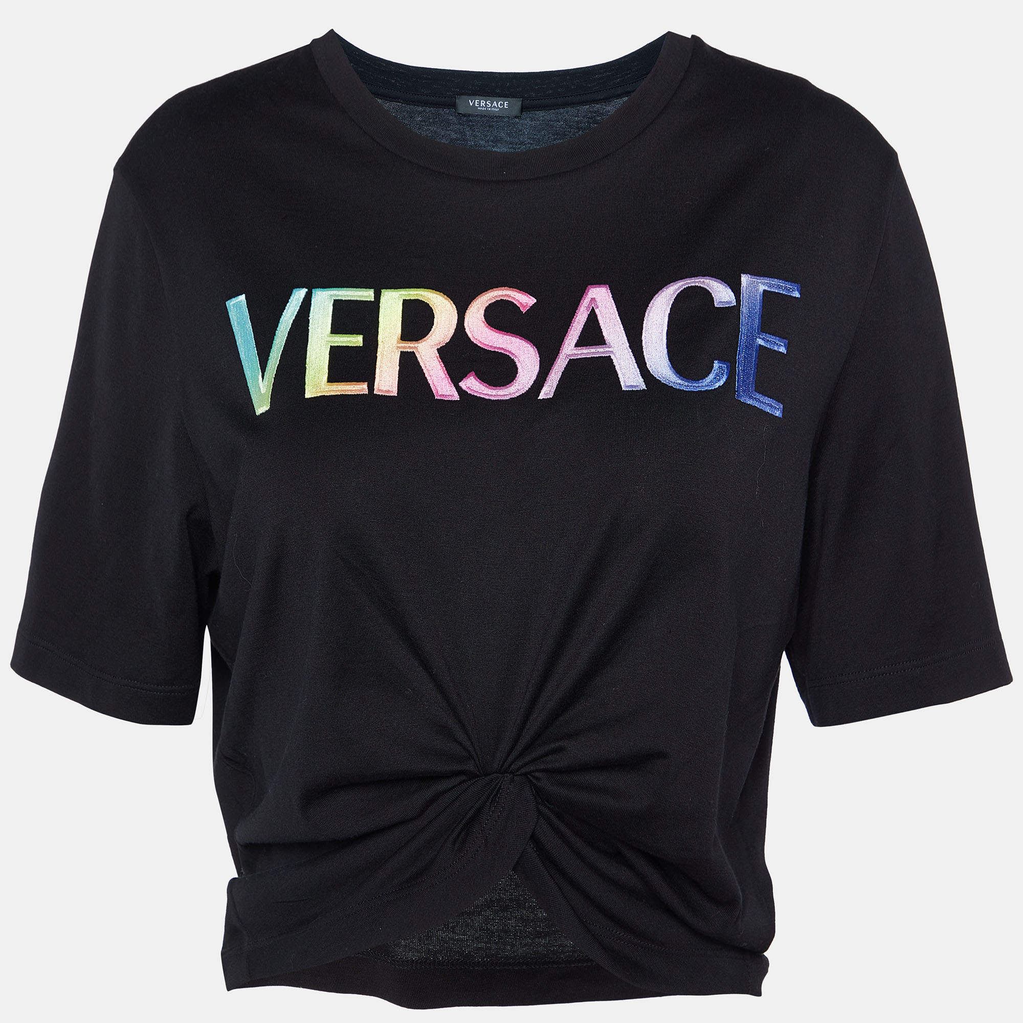 

Versace Black Logo Embroidered Cotton Twisted Hem Crop T-Shirt