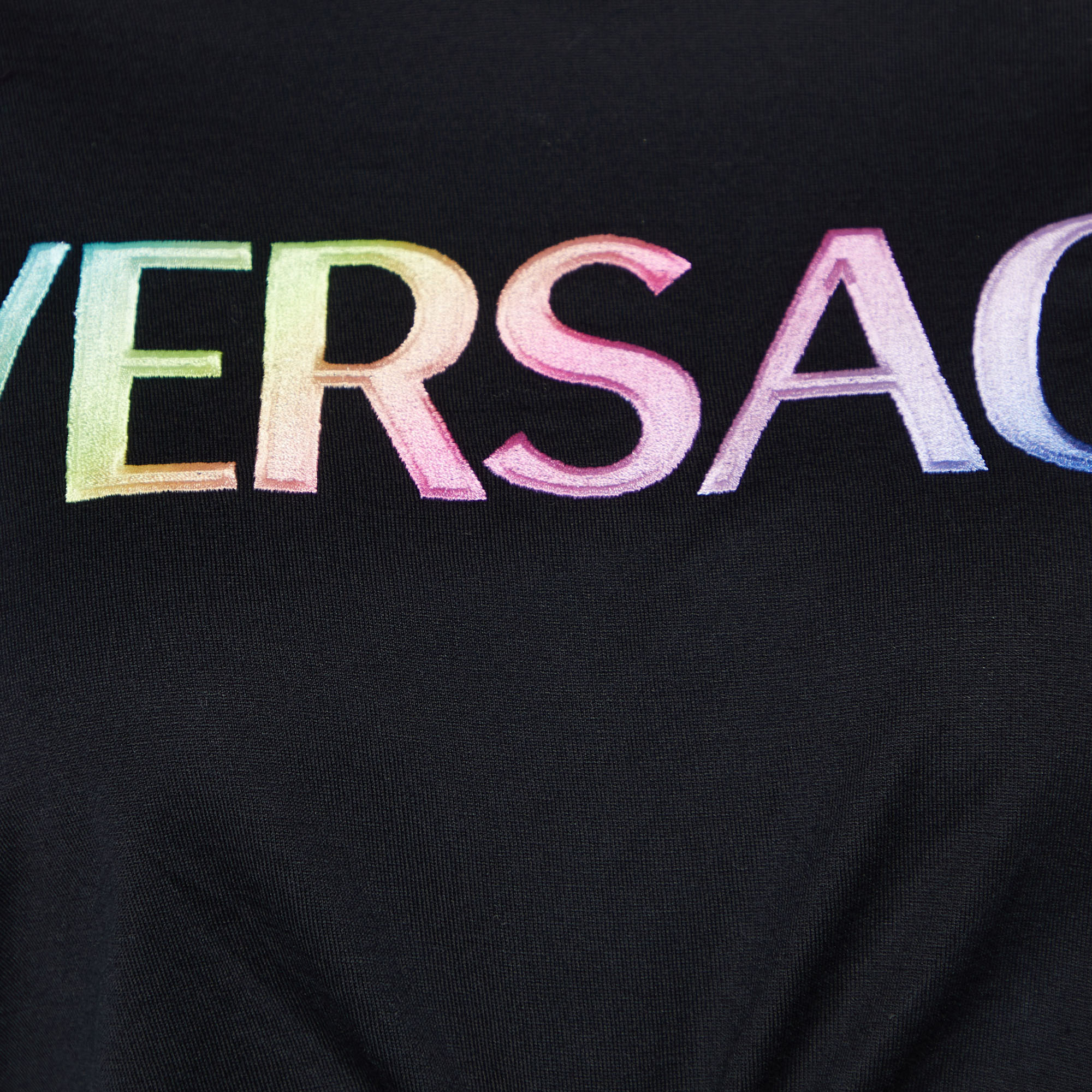 Versace Black Logo Embroidered Cotton Twisted Hem Crop T-Shirt S