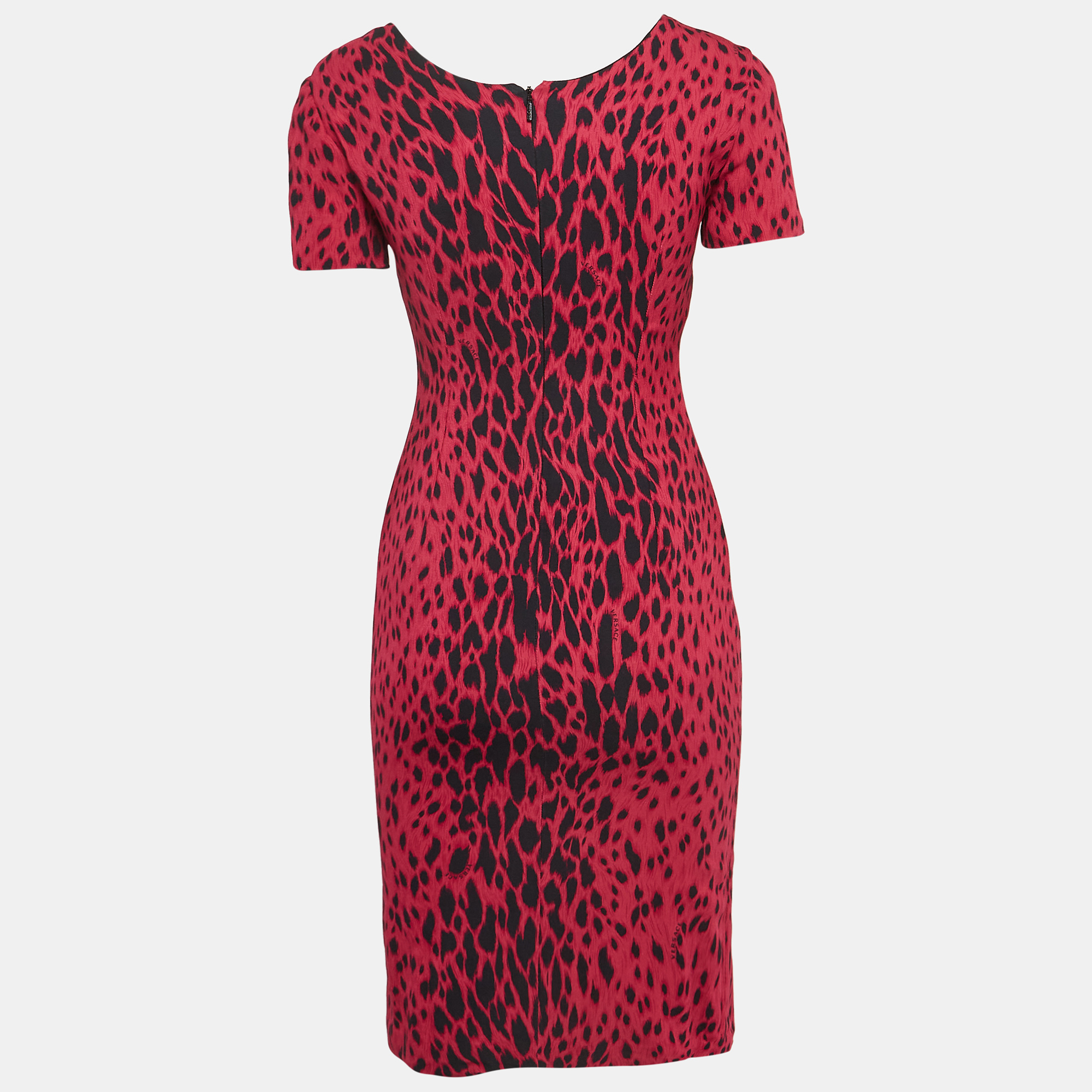 Versace Pink Leopard Print Crepe Panelled Sheath Dress S