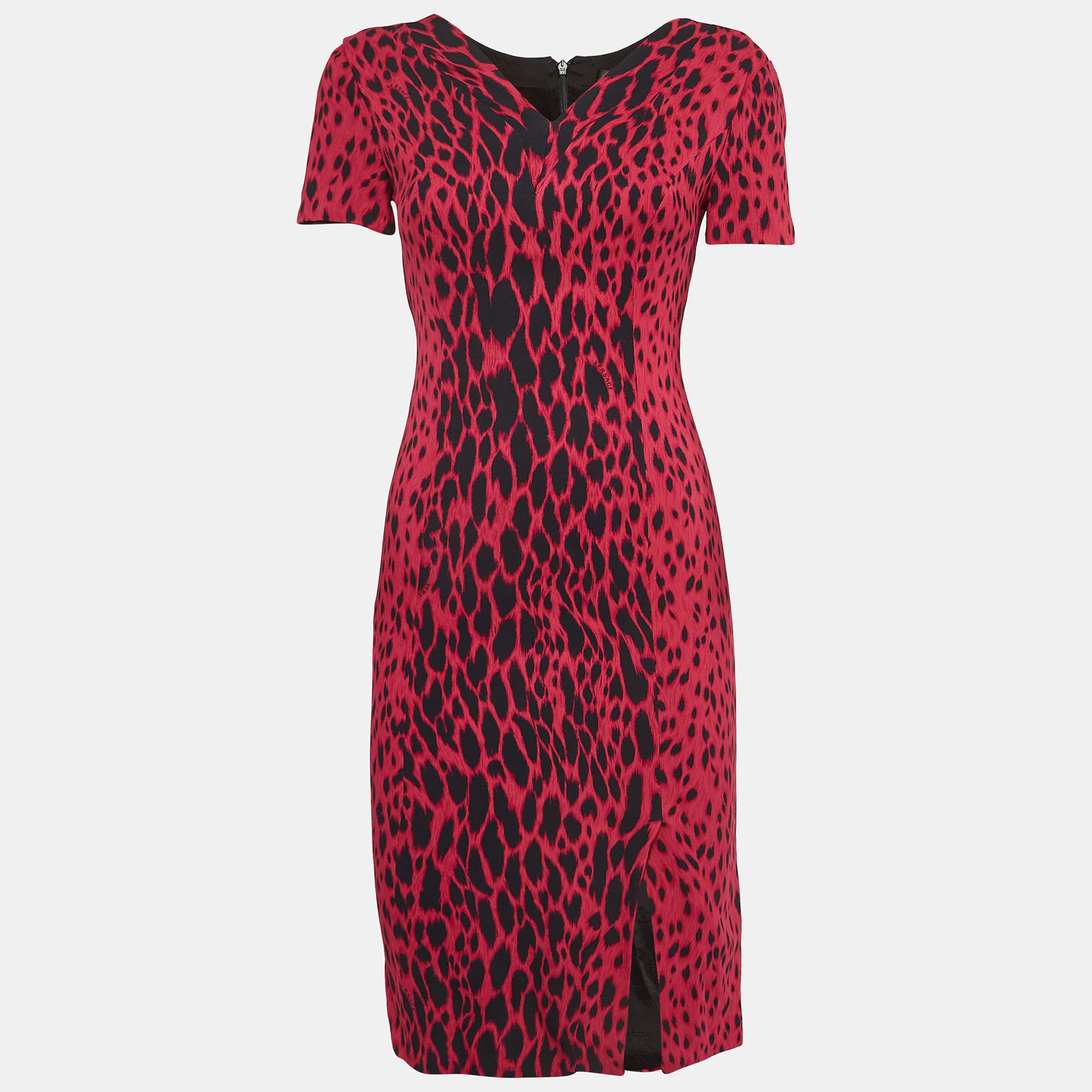 Versace pink leopard print crepe panelled sheath dress s