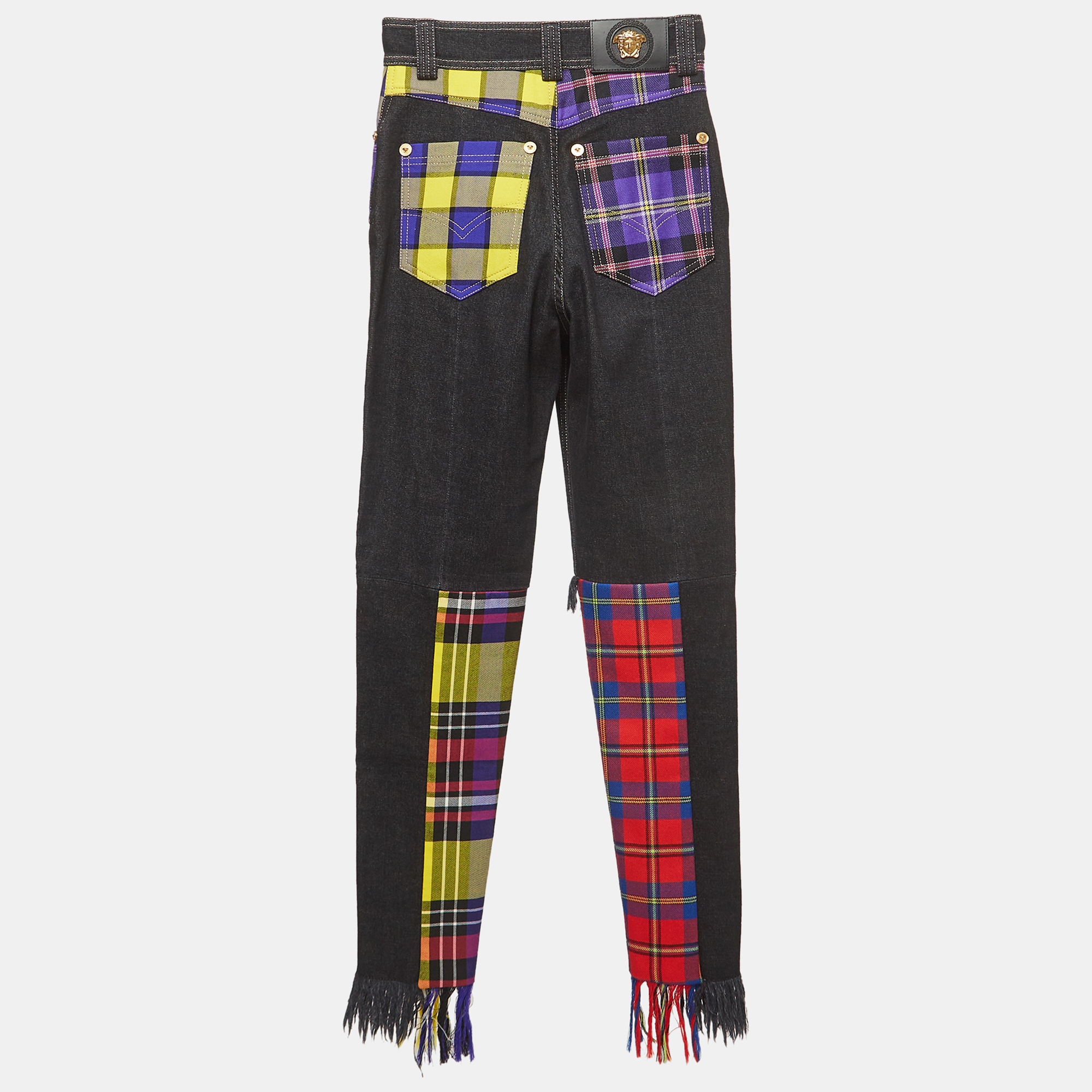 Versace Multicolor Plaid Wool & Denim Frayed Jeans S Waist 24