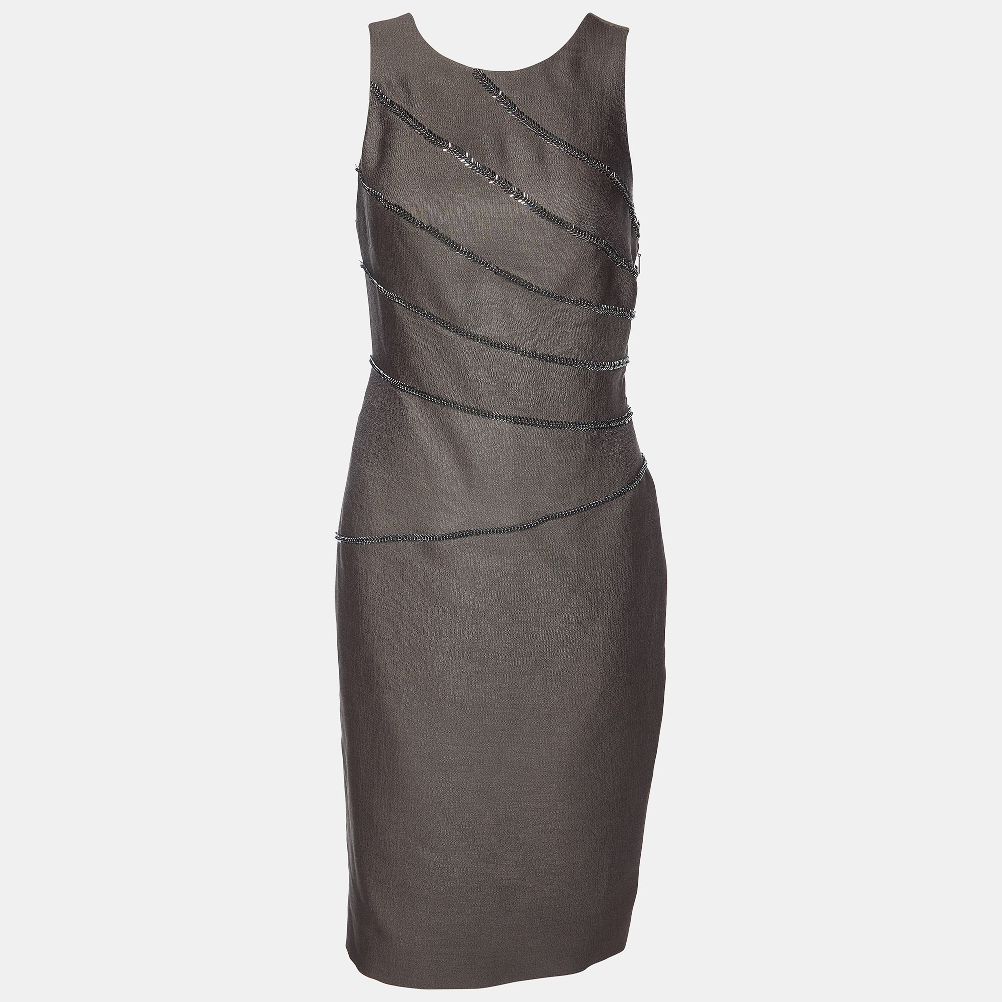 Versace deep taupe wool & silk fishbone chain detail dress s