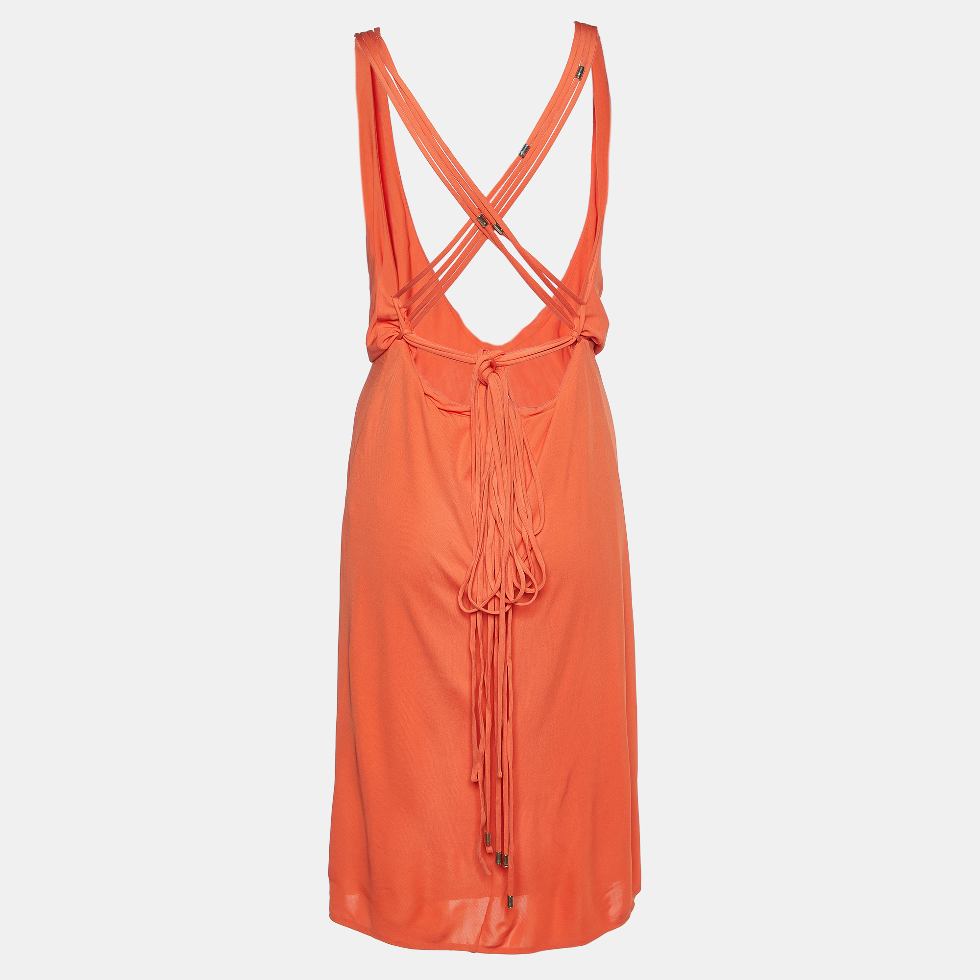 Versace Orange Crepe Lace Up Detail Midi Dress L