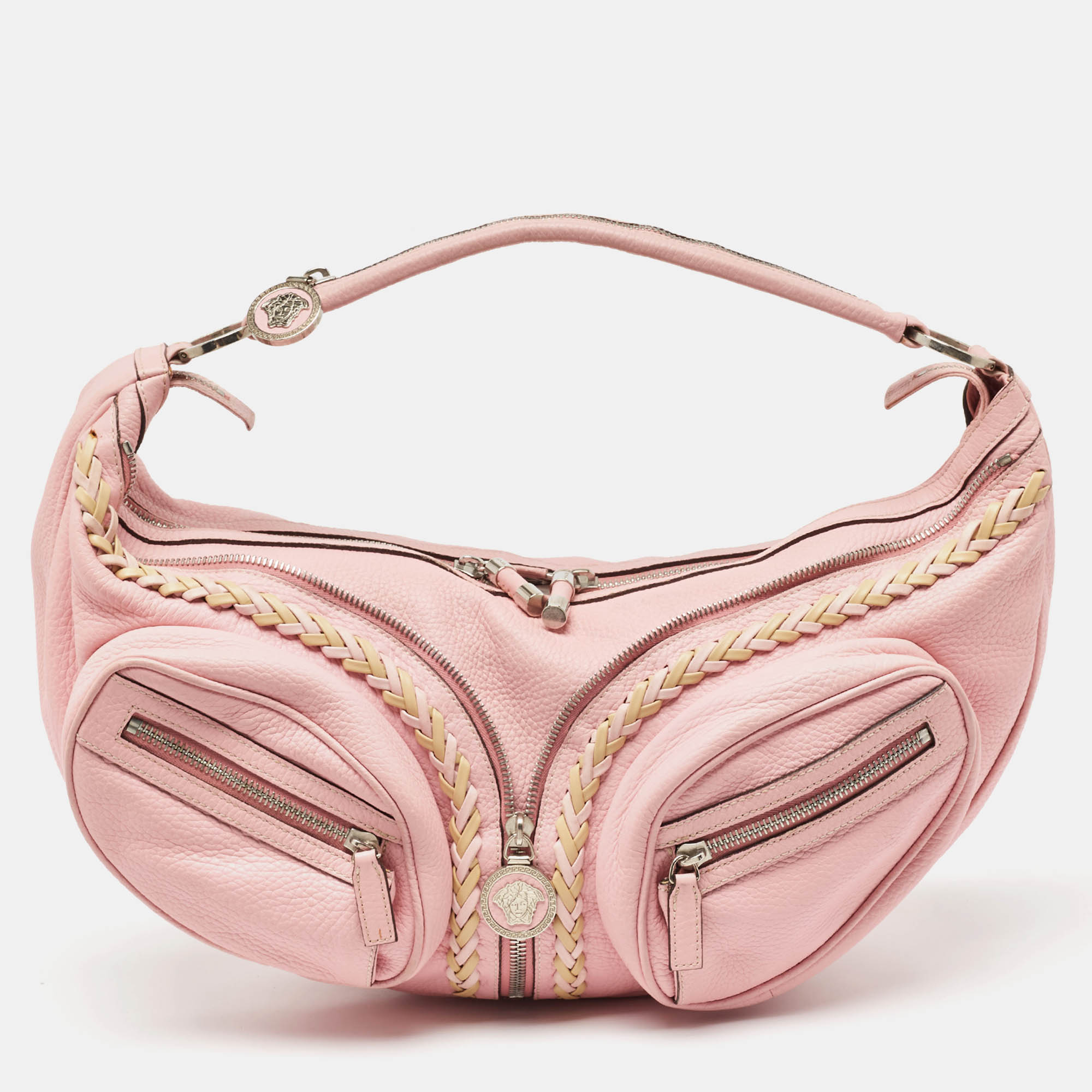 Versace pink leather zip embellished repeat hobo
