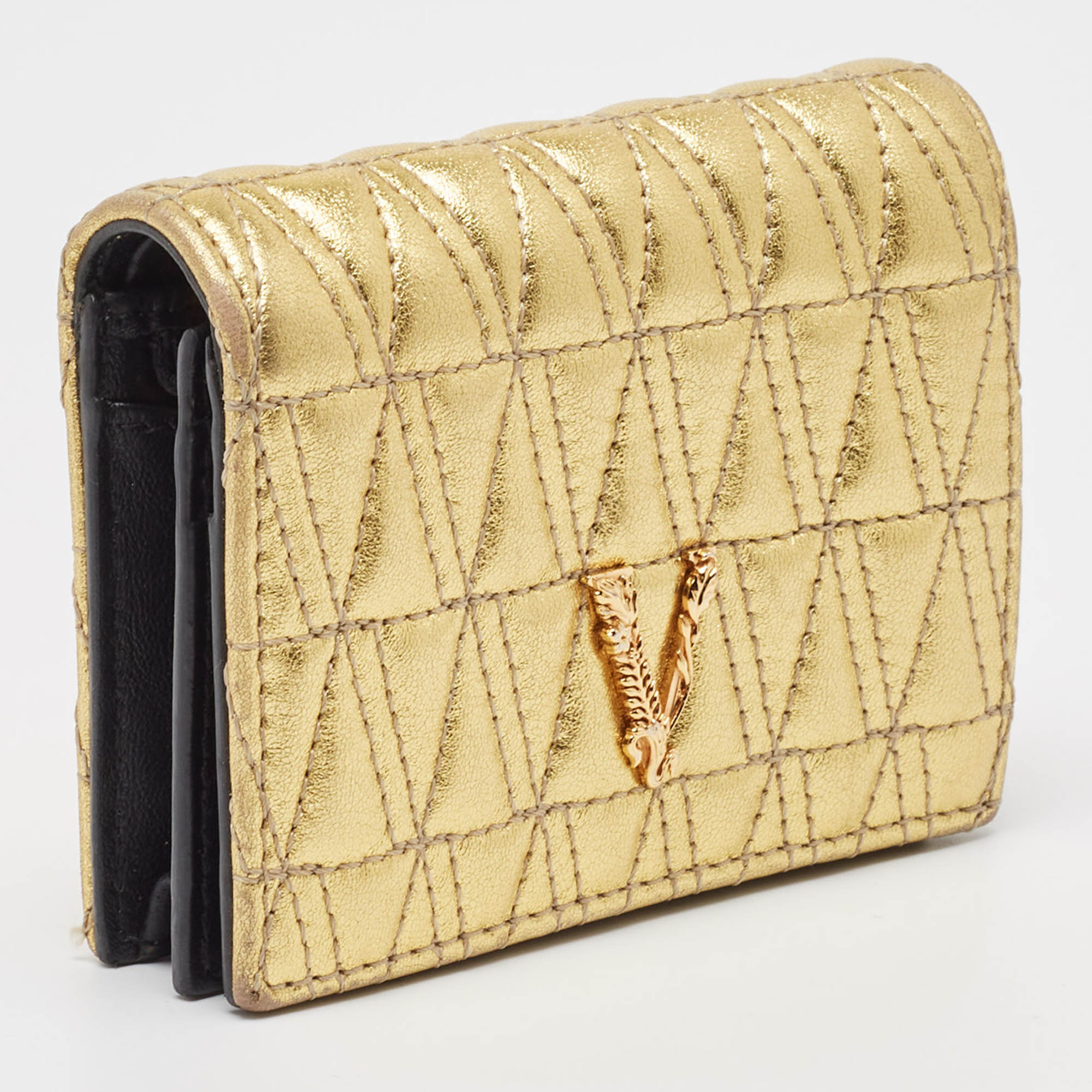 Versace Gold Quilted Leather Virtus Flap Card Case