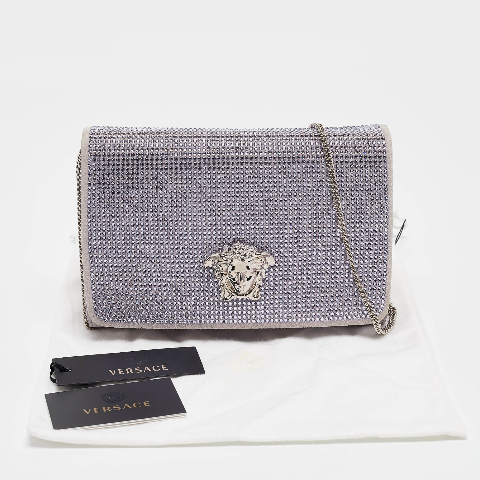 Versace Lavender Suede Crystal Embellished Palazzo Medusa Chain Clutch