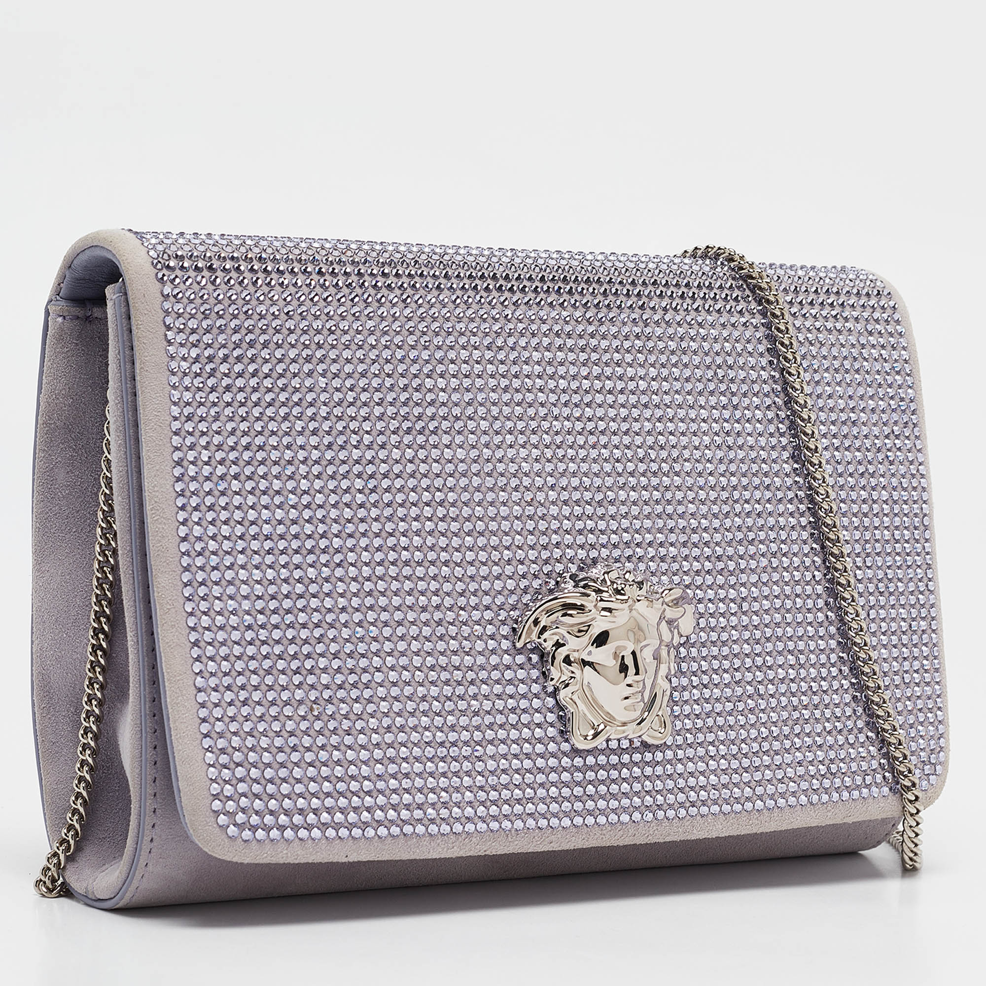 Versace Lavender Suede Crystal Embellished Palazzo Medusa Chain Clutch