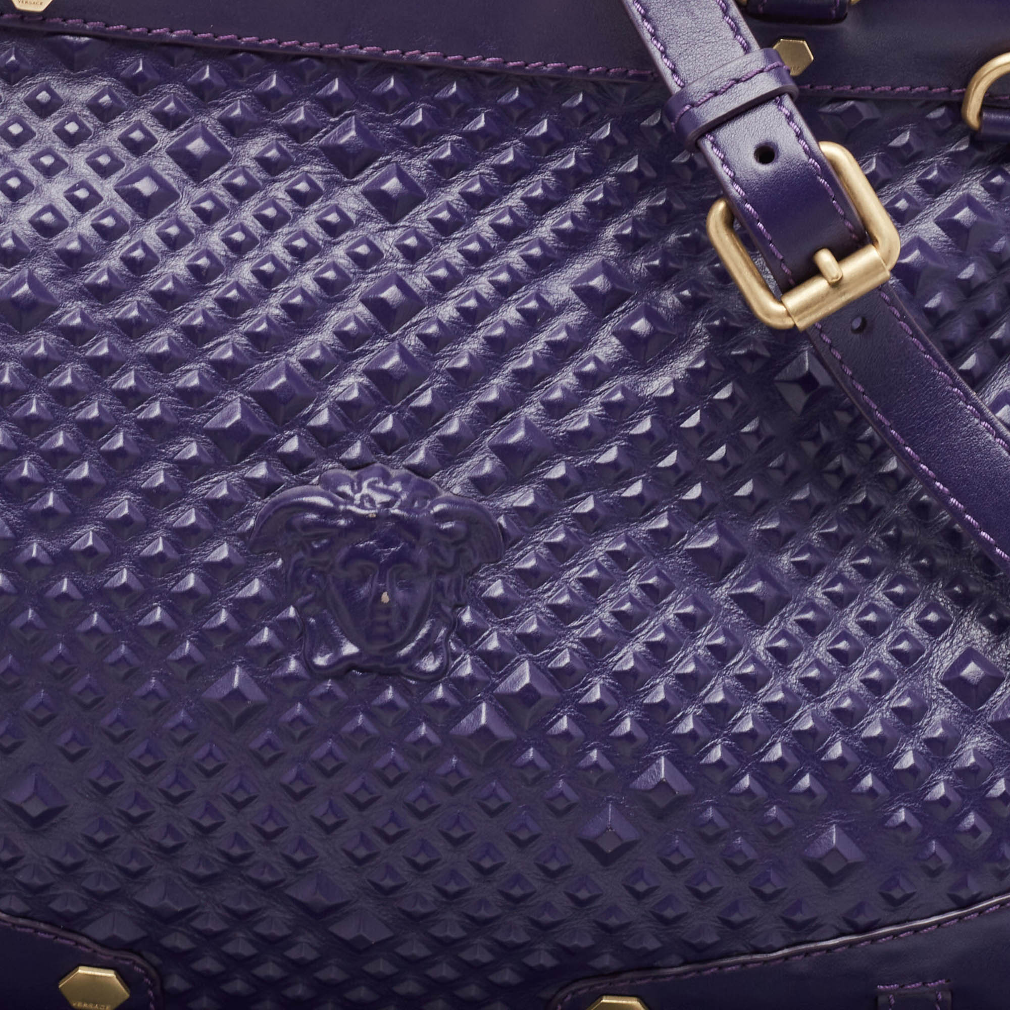 Versace Purple Embossed Leather Medusa Studded Tote