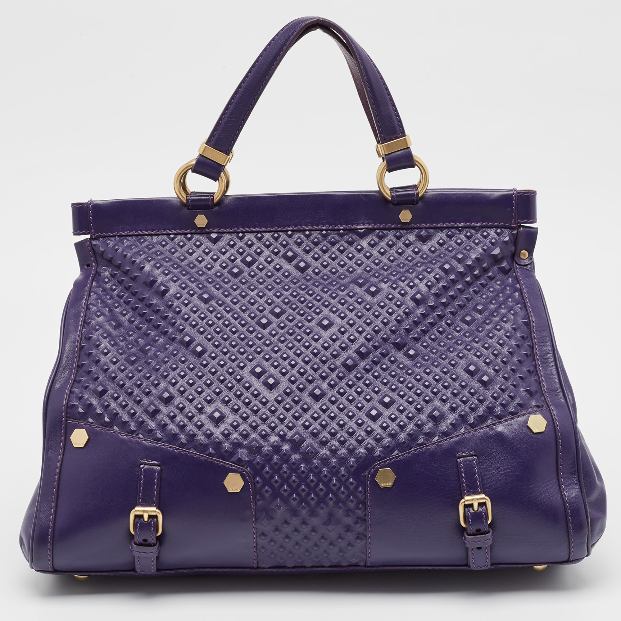 Versace Purple Embossed Leather Medusa Studded Tote