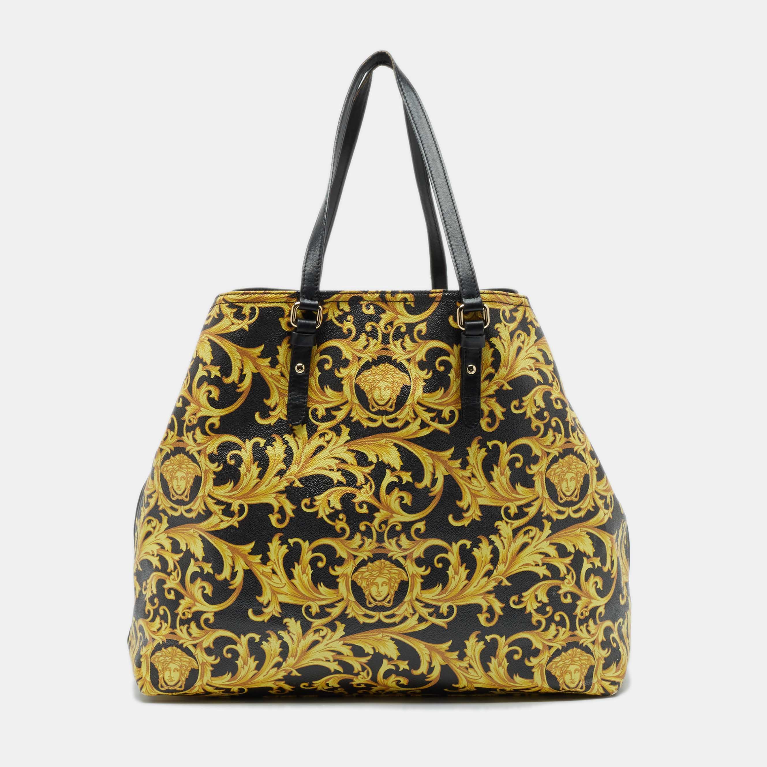 Versace Black/Yellow Barocco Print Coated Canvas Shopper Tote