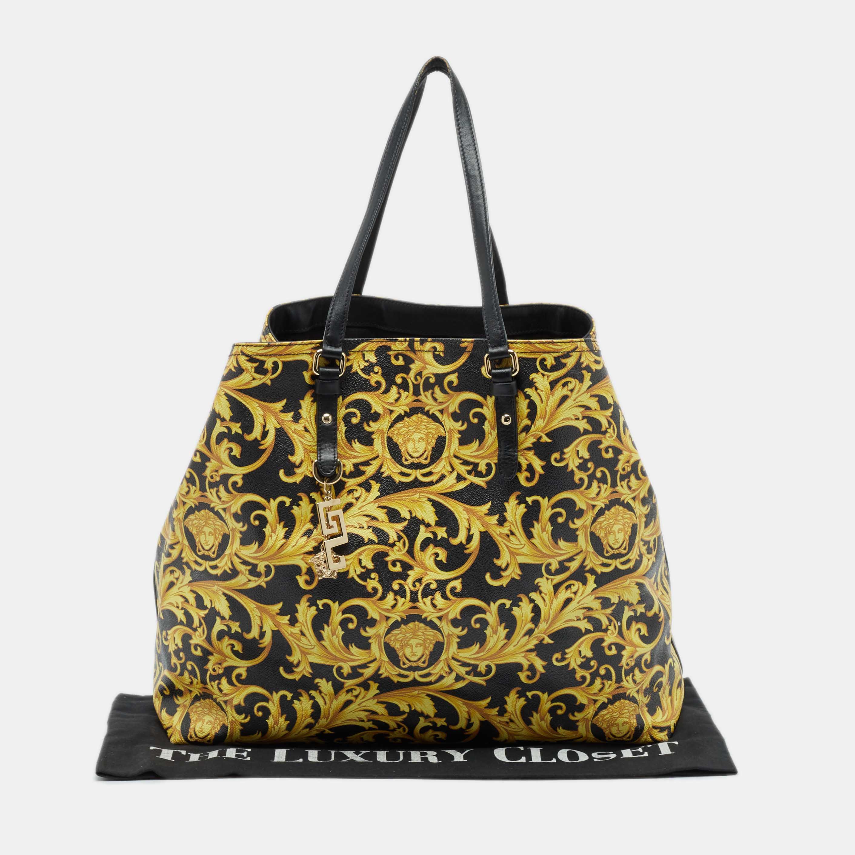 Versace Black/Yellow Barocco Print Coated Canvas Shopper Tote