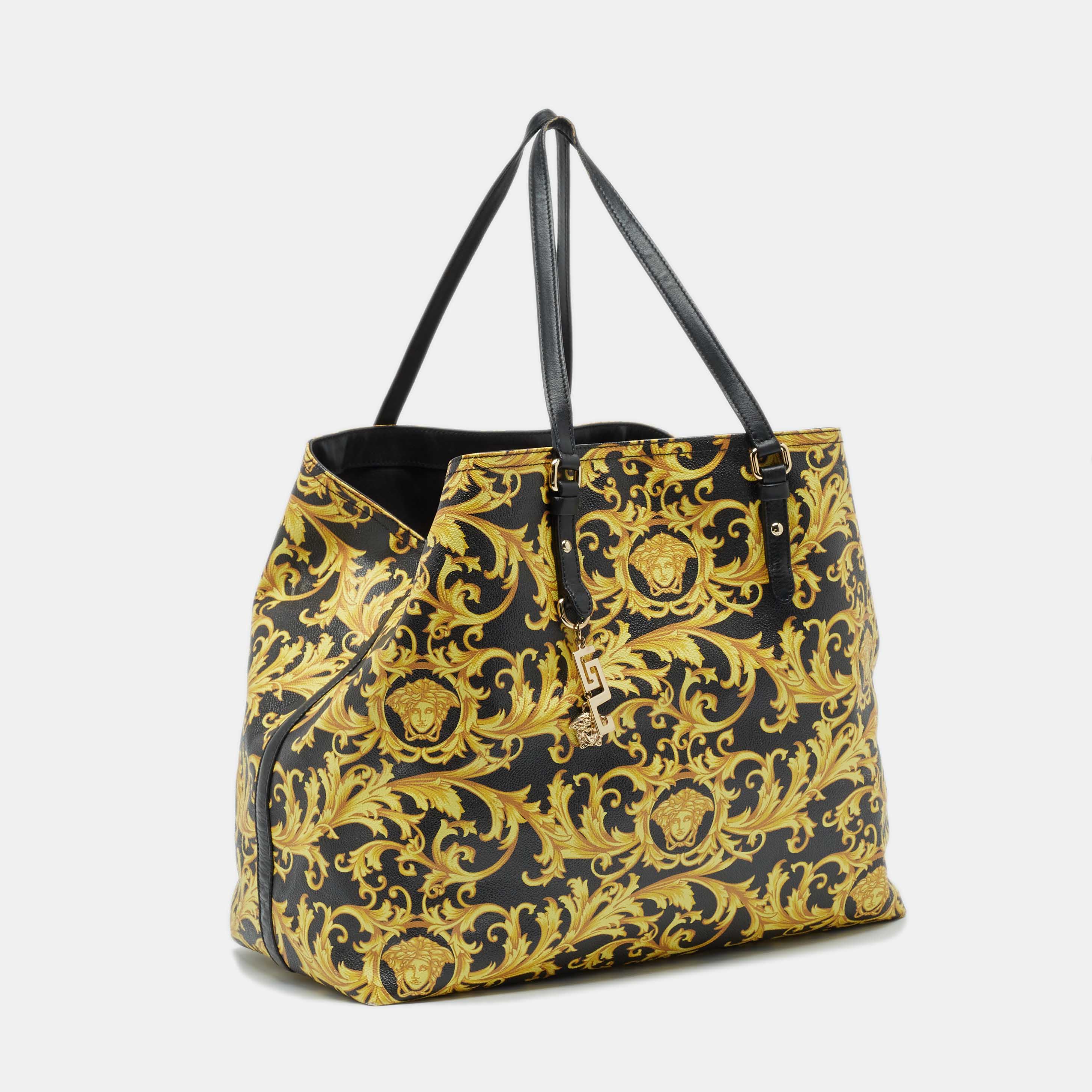 Versace Black/Yellow Barocco Print Coated Canvas Shopper Tote