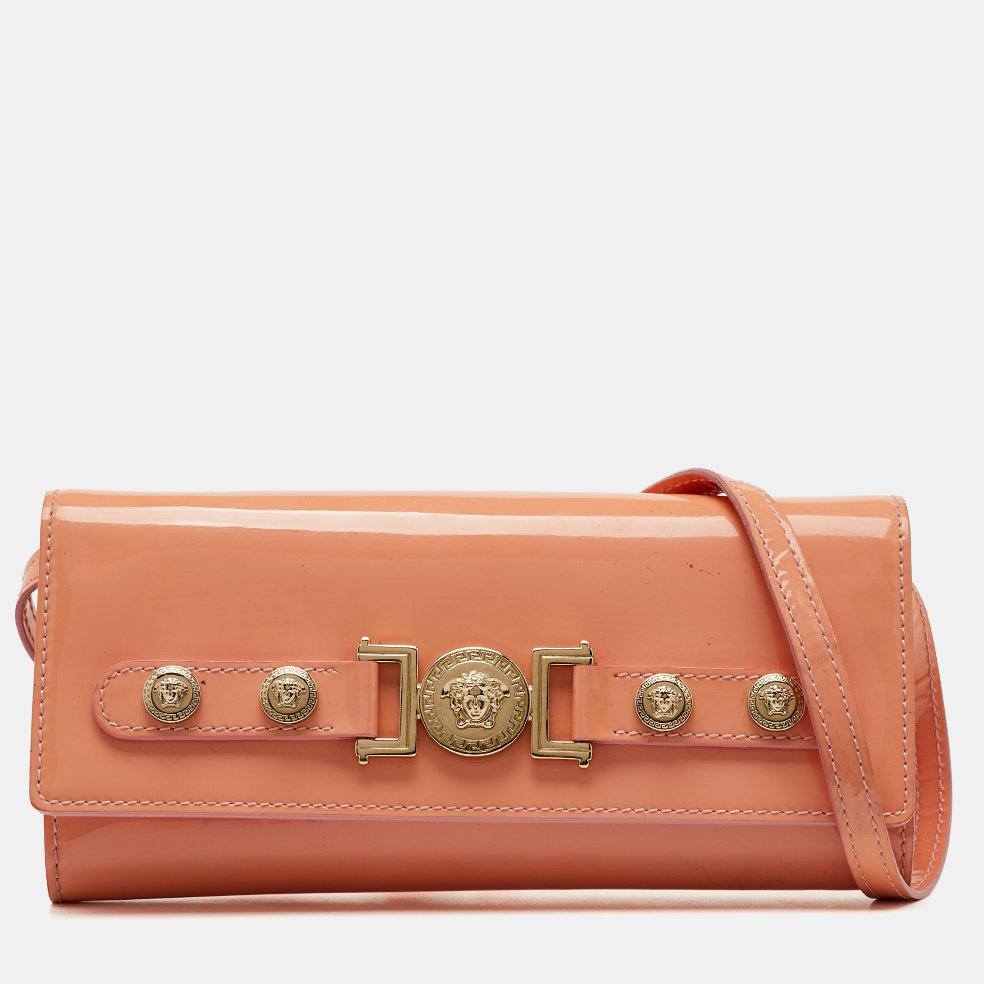 Versace Coral Pink Patent Leather Medusa Flap Continental Wallet On Strap
Versace Coral Pink Patent Leather Medusa Flap Continental Wallet On Strap