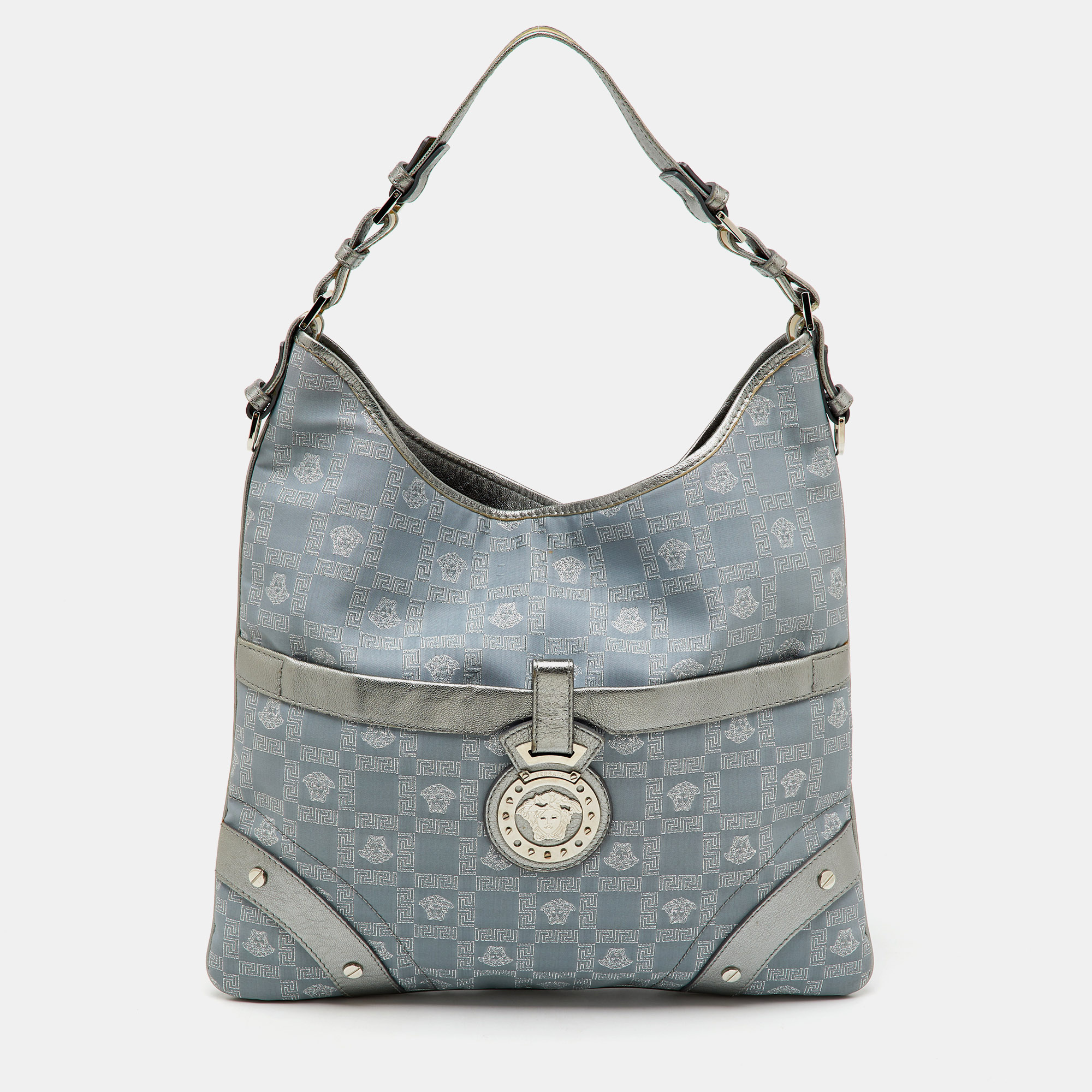 Versace Metallic Silver/Grey Signature Canvas and Leather Medusa Trim Shoulder Bag
Versace Metallic Silver/Grey Signature Canvas and Leather Medusa Trim Shoulder Bag
