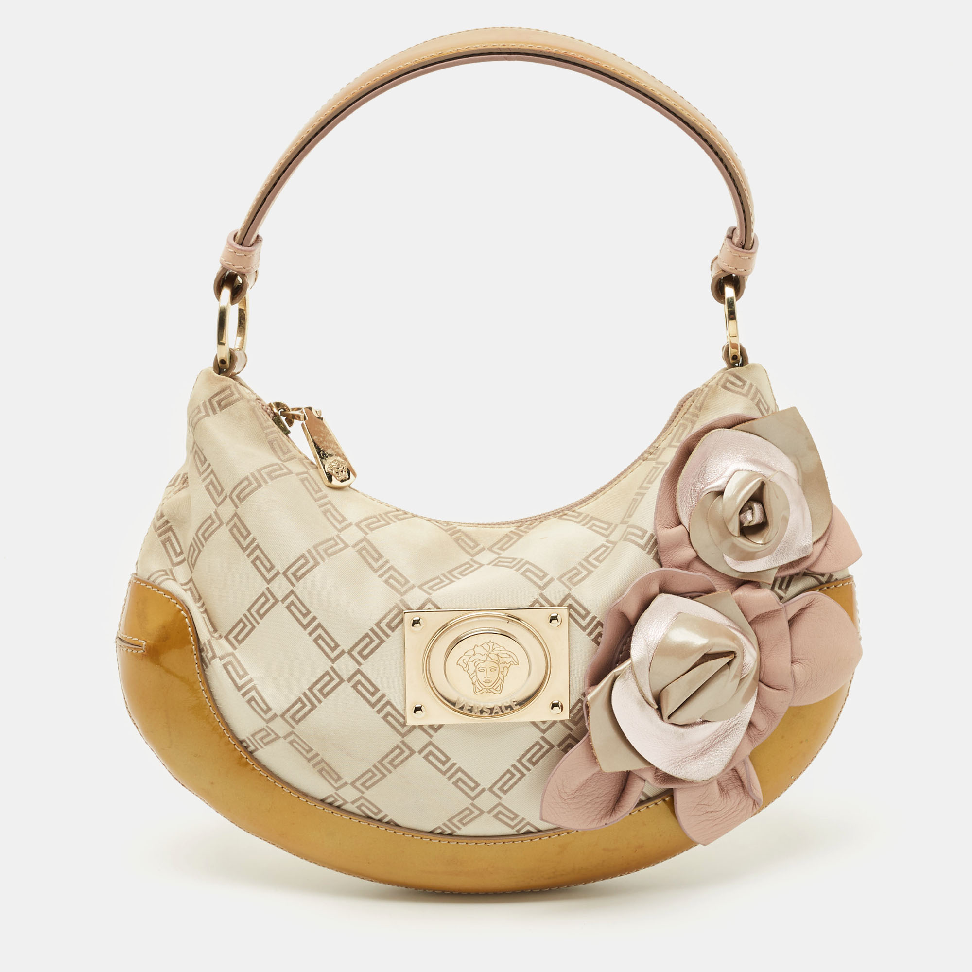 Versace Multicolor Nylon and Patent Leather Flower Applique Hobo
Versace Multicolor Nylon and Patent Leather Flower Applique Hobo