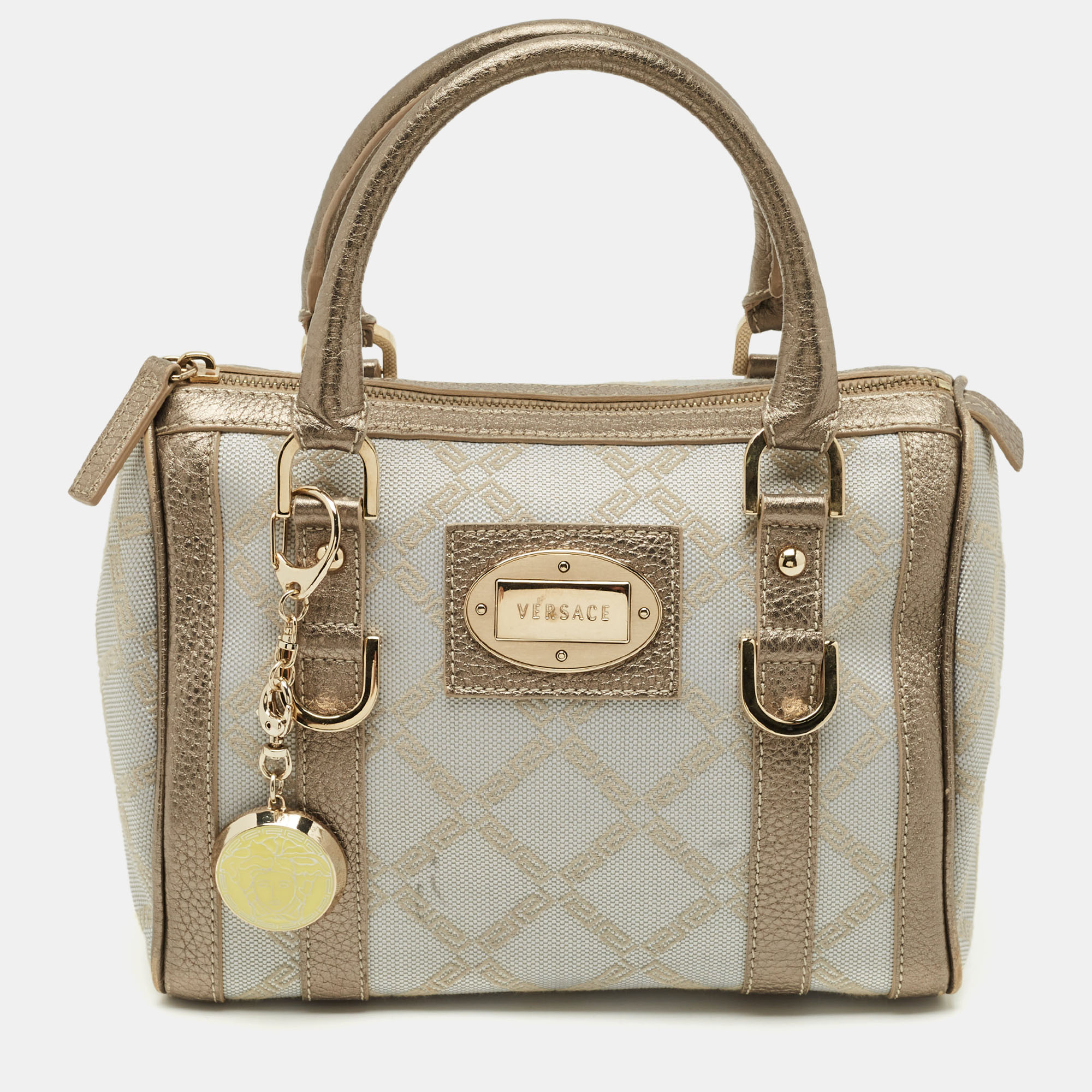 Versace Grey/Metallic Beige Jacquard Canvas and Leather Satchel
Versace Grey/Metallic Beige Jacquard Canvas and Leather Satchel