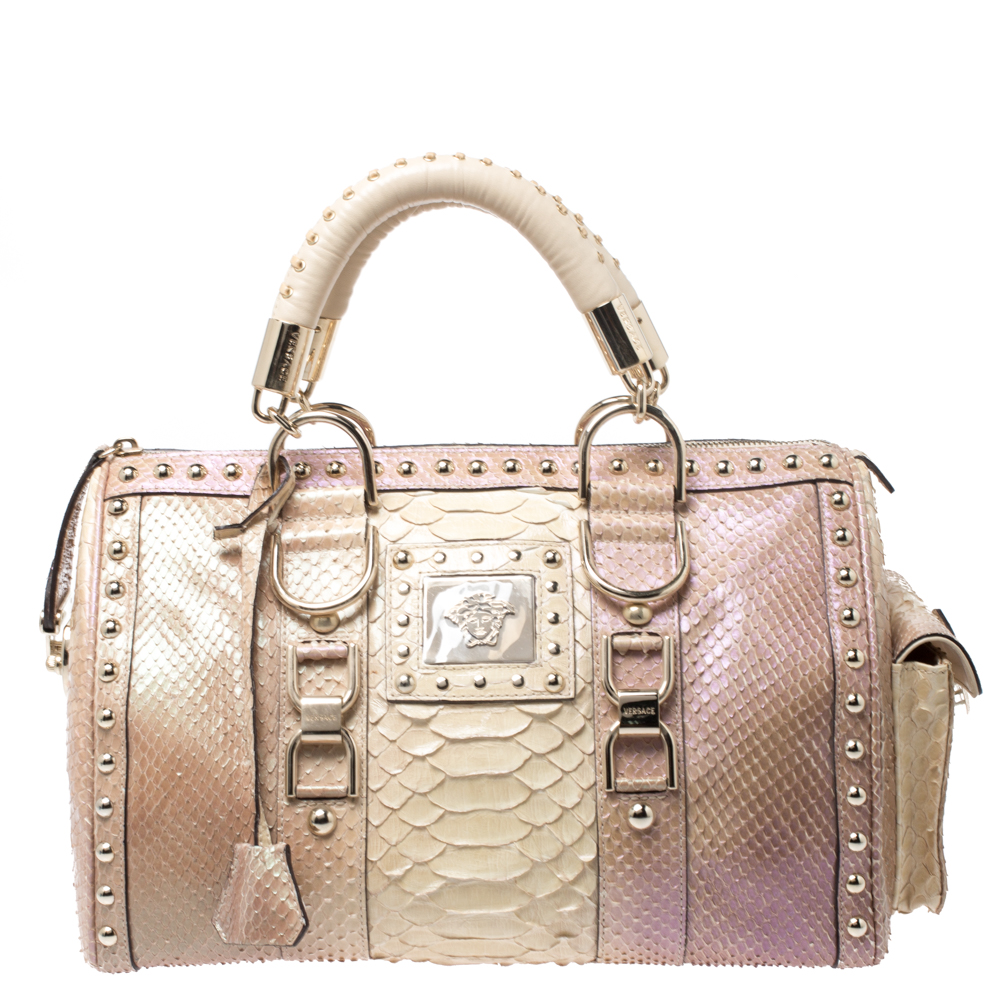 Versace Metallic Beige Python Snap Out Of It Satchel