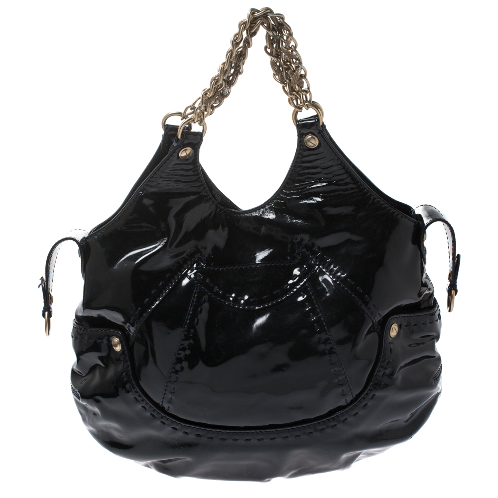 Versace Black Stitches Patent Leather Chain Shoulder Bag