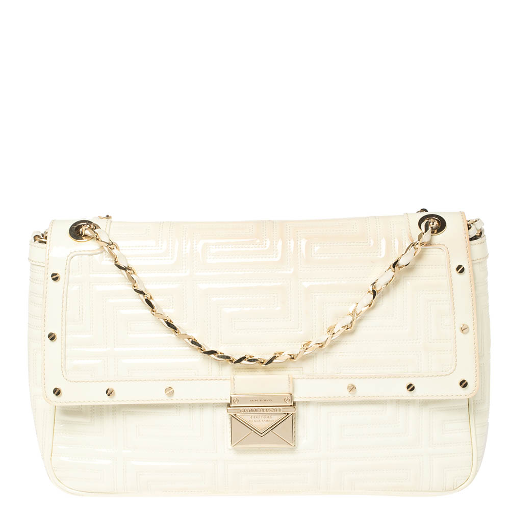 Image of Gianni Versace White Quilted Patent Leather Flap Shoulder Bag