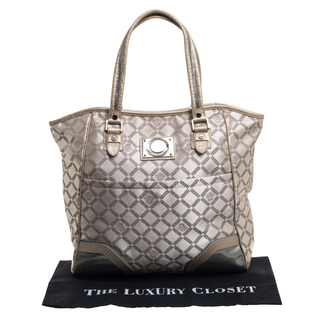 Versace Beige Monogram Fabric And Croc Embossed Leather Tote