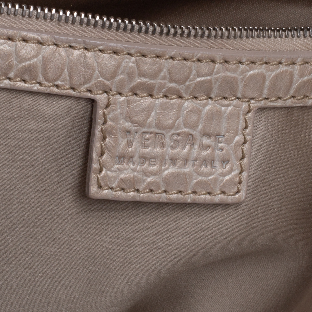 Versace Beige Monogram Fabric And Croc Embossed Leather Tote