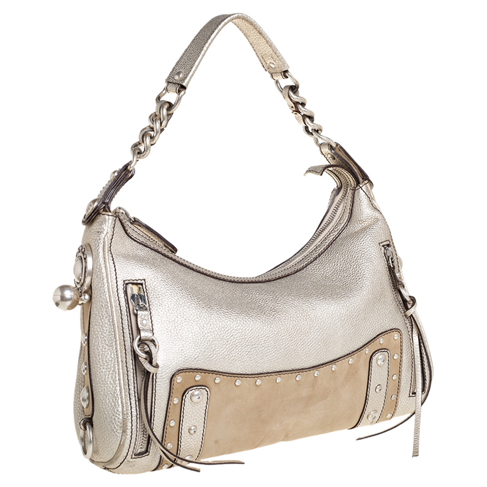 Versace Gold/Beige Leather And Suede Studded Hobo