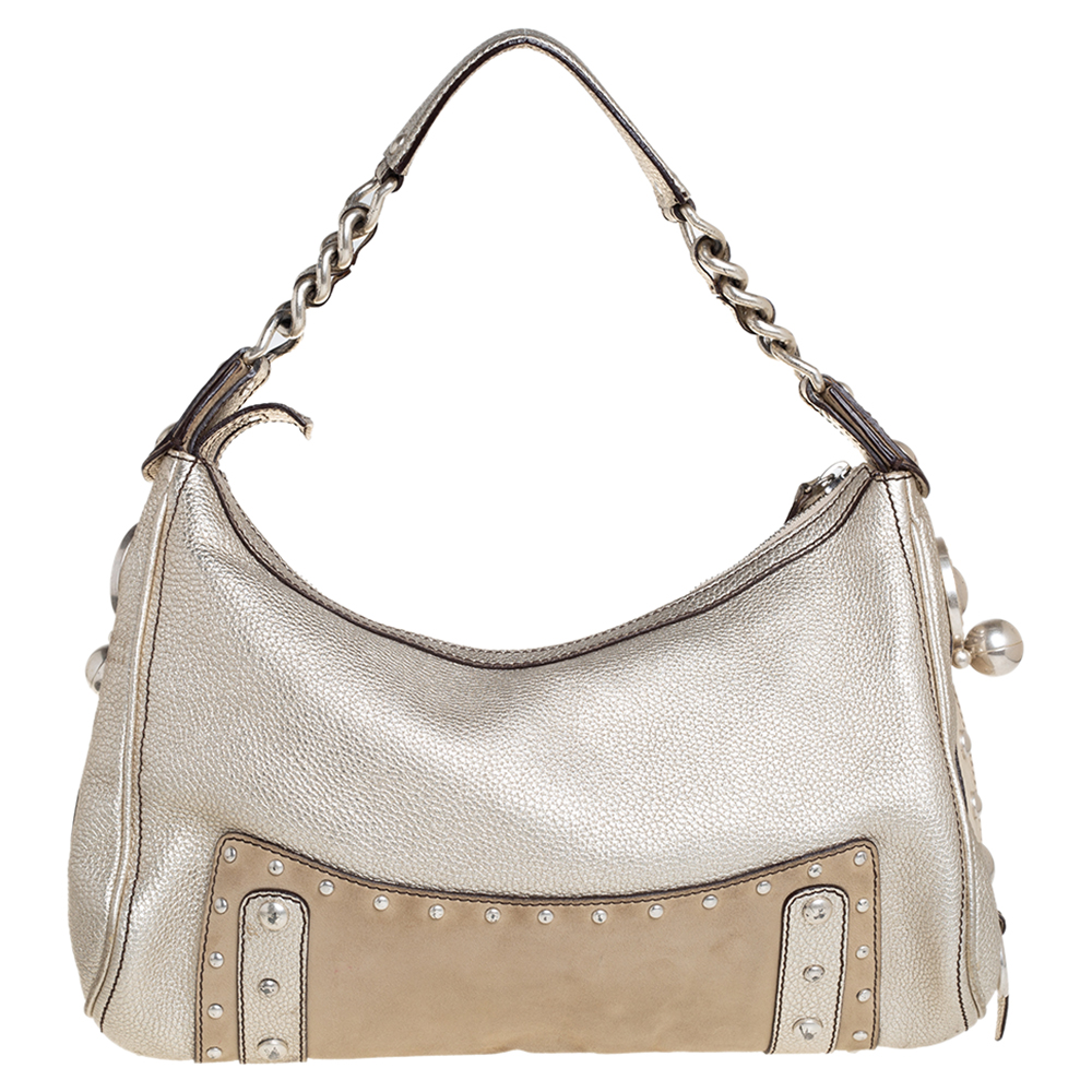 Versace Gold/Beige Leather And Suede Studded Hobo