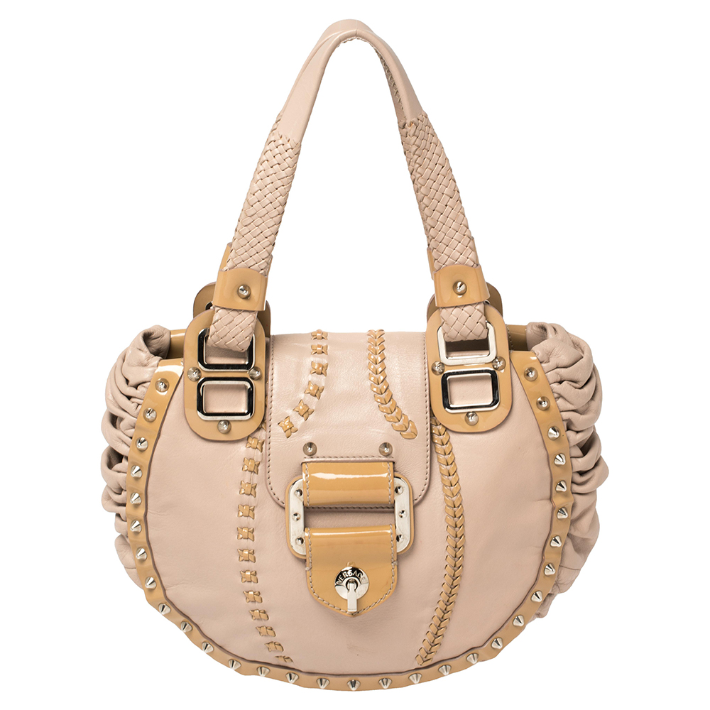 Versace Old Rose/Beige Pleated Patent and Leather Spike Studded Hobo