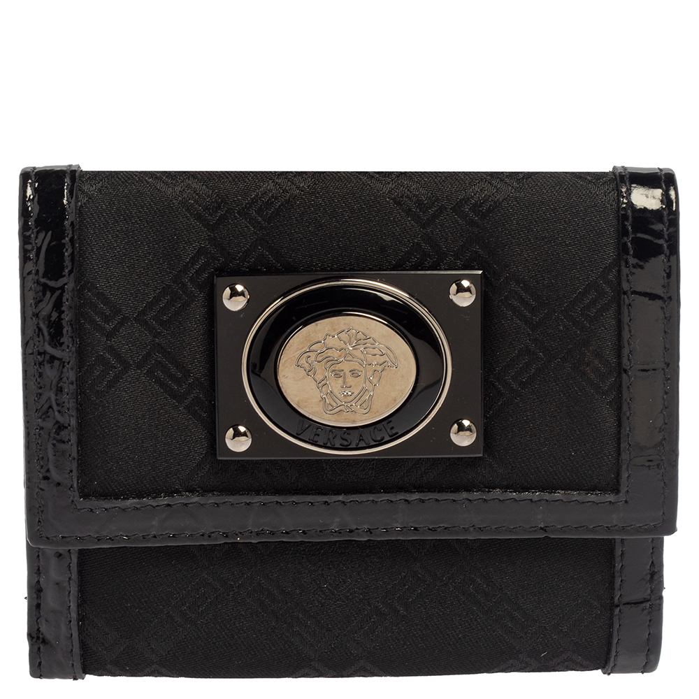 Versace Black Signature Nylon and Croc Embossed Patent Leather Flap Compact Wallet