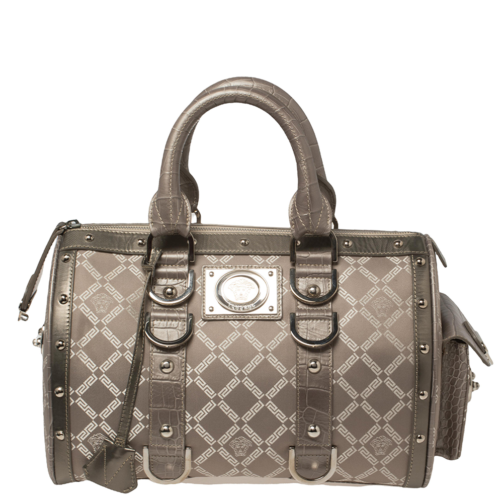 Versace Metallic Grey Signature Canvas and Croc Embossed Leather Snap Out Of It Satchel