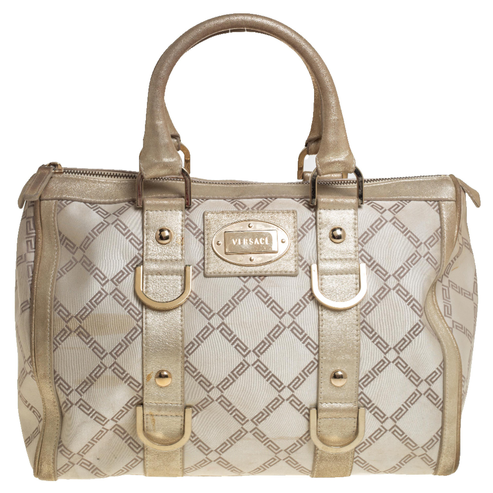 Versace Metallic Gold/Cream Signature Canvas and Leather Snap Out Of It Satchel