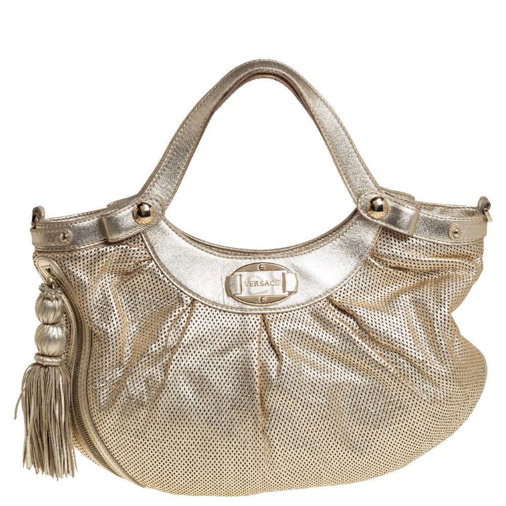 Versace Gold Perforated Leather Tassel Shoulder Bag