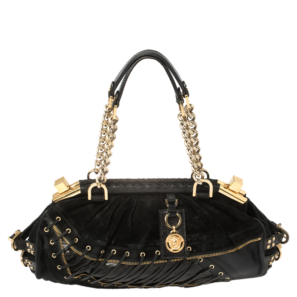 Versace Black Suede/Calfhair and Lizard Embossed Corset Frame Shoulder Bag