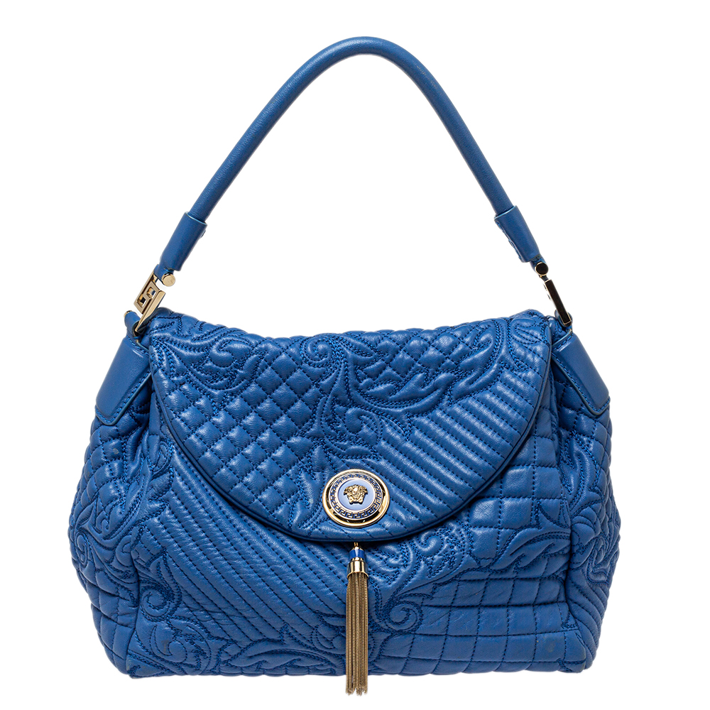 Versace Blue Embossed Leather Talia Vanitas Shoulder Bag
