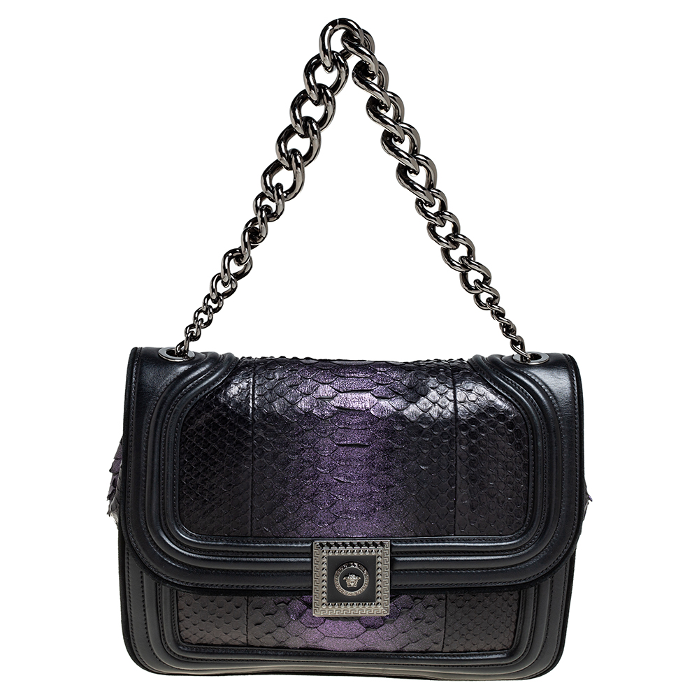 Versace Black/Metallic Purple Python, Leather and Suede Trim Medusa Chain Flap Shoulder Bag