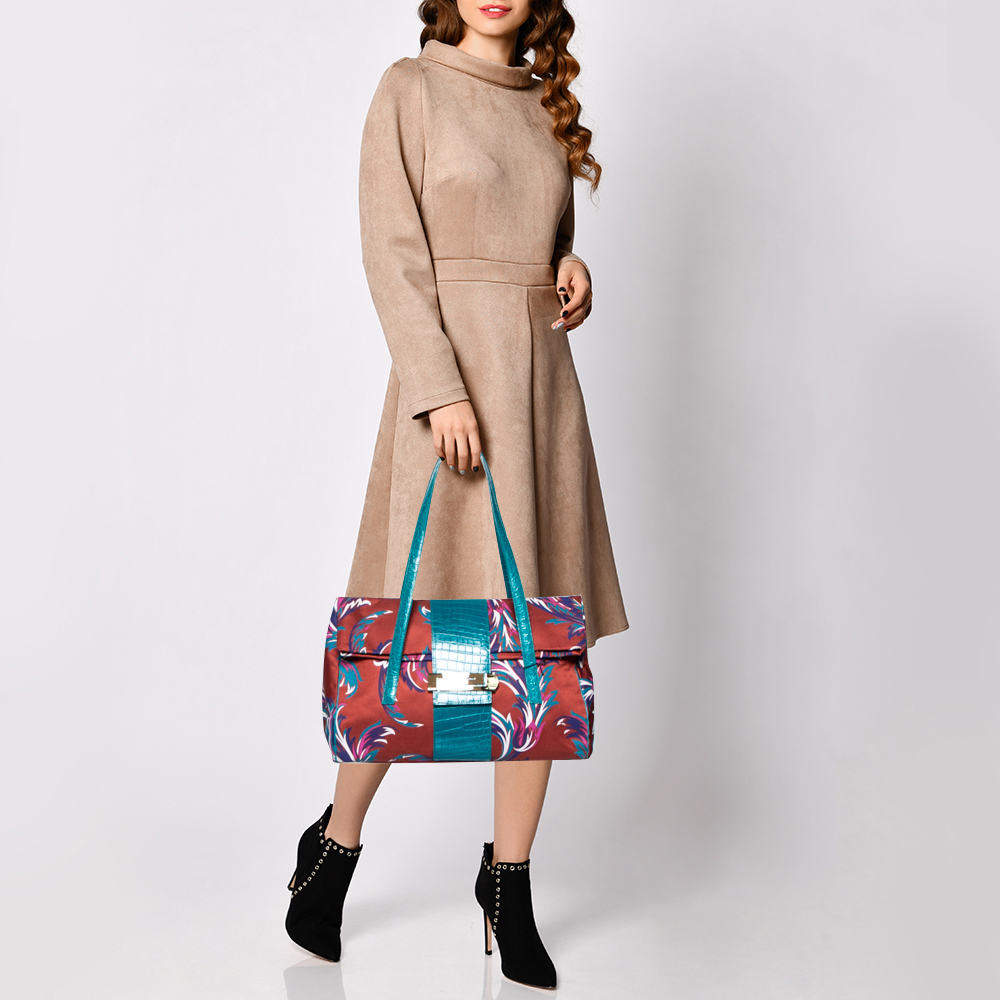 Versace Multicolor Floral Print Fabric and Croc Embossed Leather Flap Tote
Versace Multicolor Floral Print Fabric and Croc Embossed Leather Flap Tote