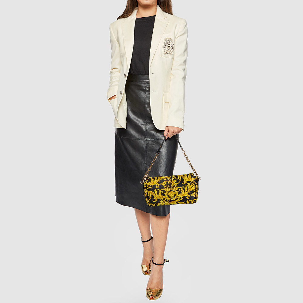 

Versace Black/Yellow Barocco Medusa Print Leather Chain Shoulder Bag