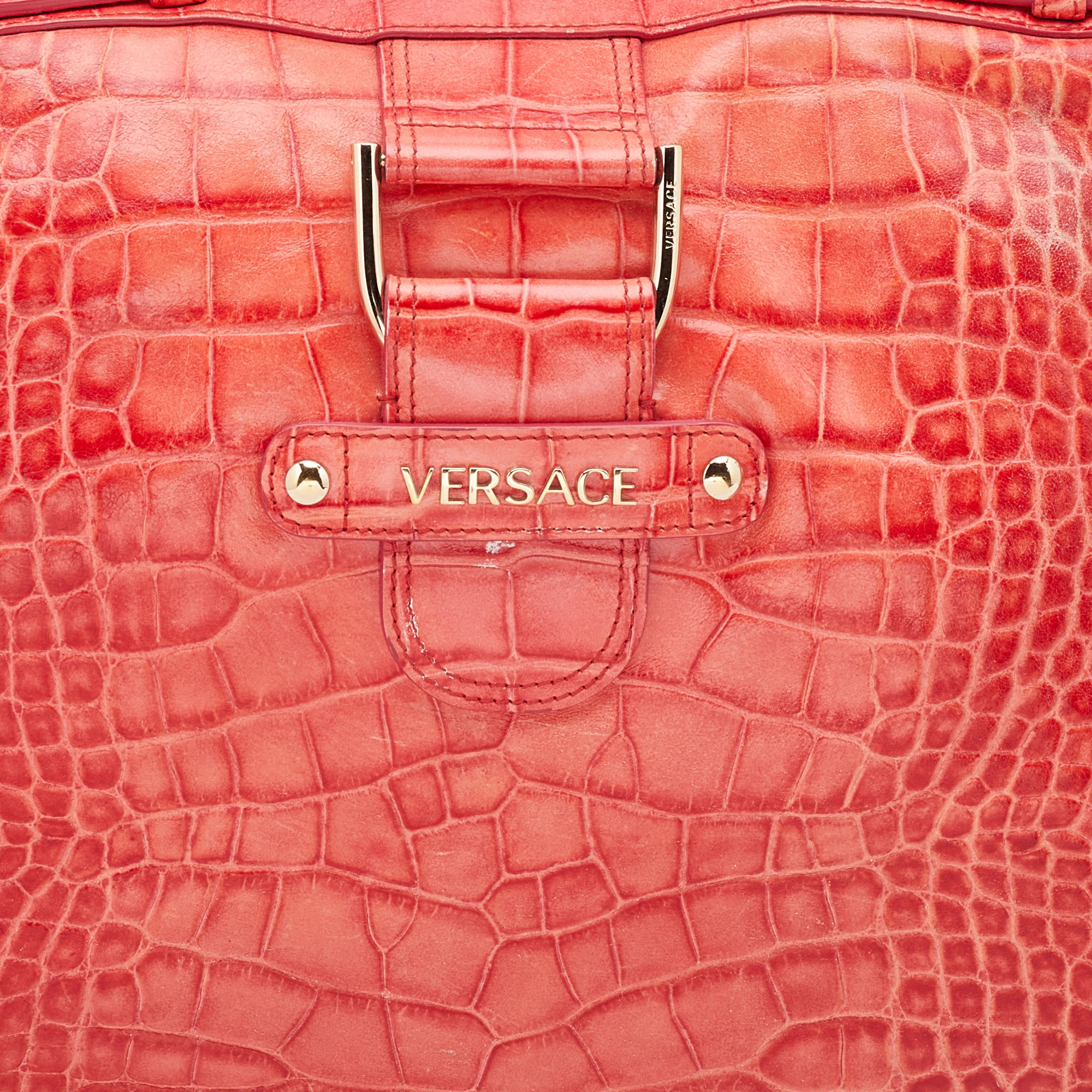 Versace Red Croc Embossed Leather D Ring Satchel