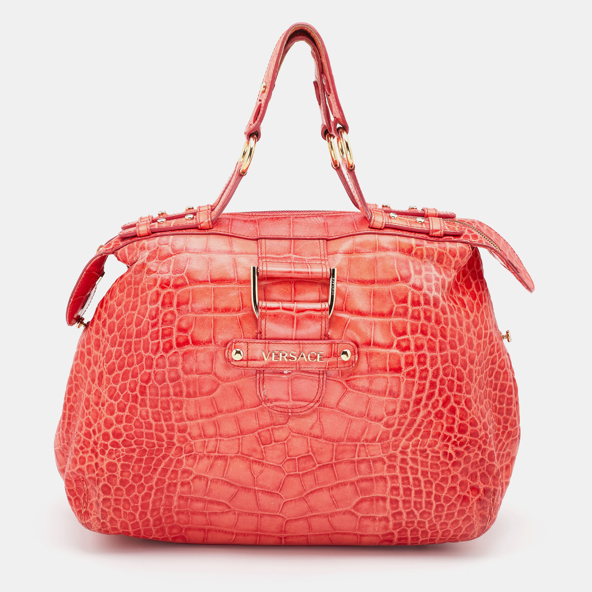 Versace Red Croc Embossed Leather D Ring Satchel