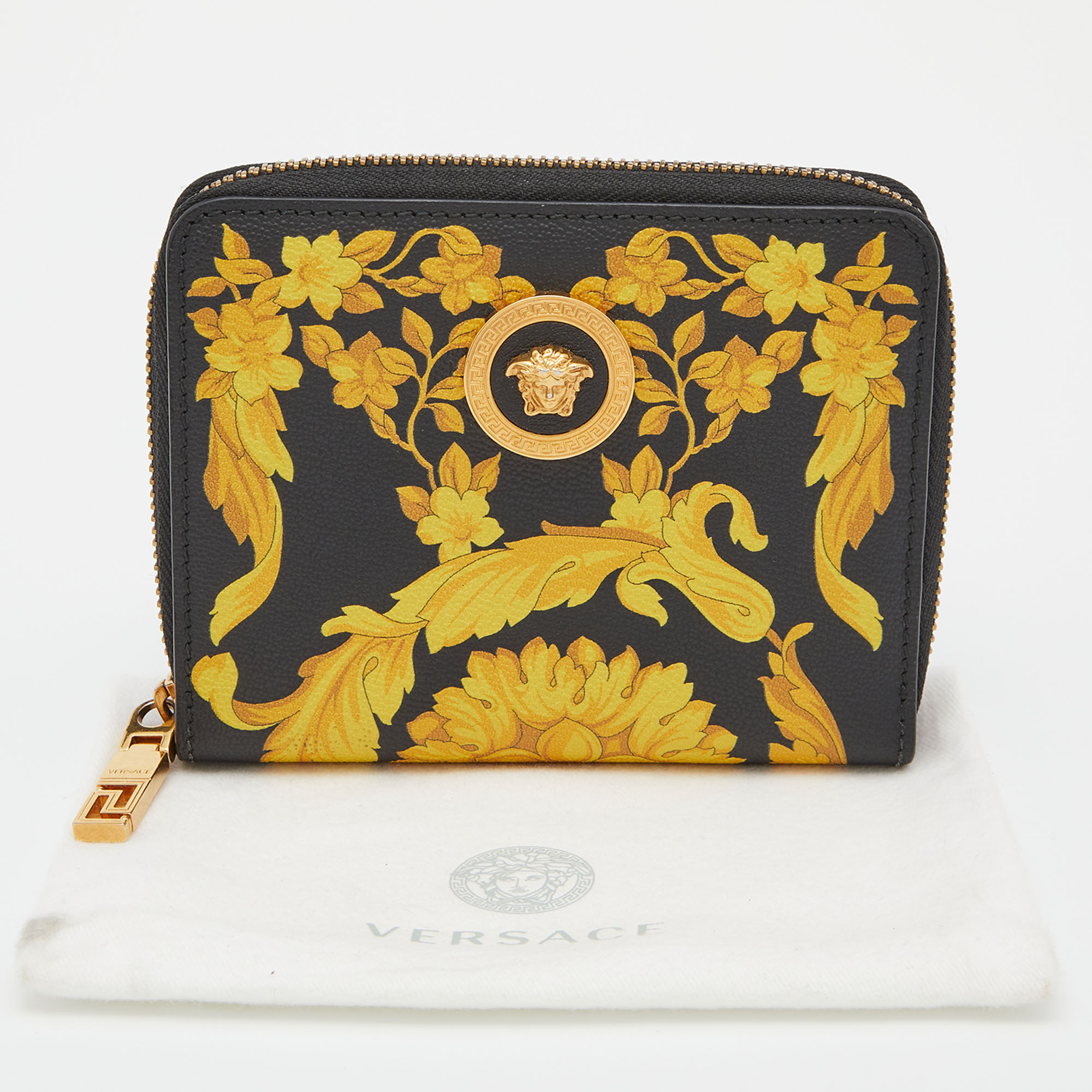 Versace Black/Yellow Baroque Print Coated Canvas Zip Around Wallet