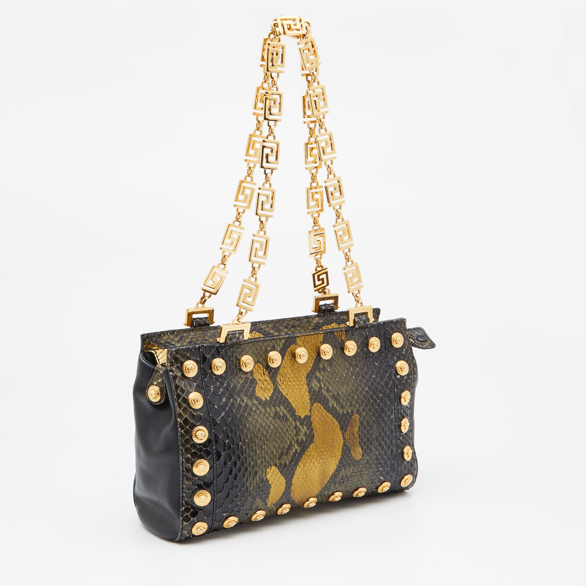 Versace Black/Gold Python And Leather Medusa Studded Chain Shoulder Bag